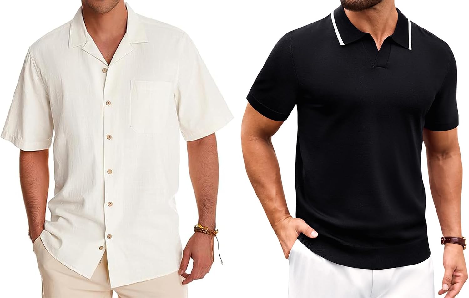 Alimens & Gentle Mens Short Sleeve Shirts Cotton Hawaiian Shirts Contrast Collar Knit Casual Polo Shirt Summer Beach Tops