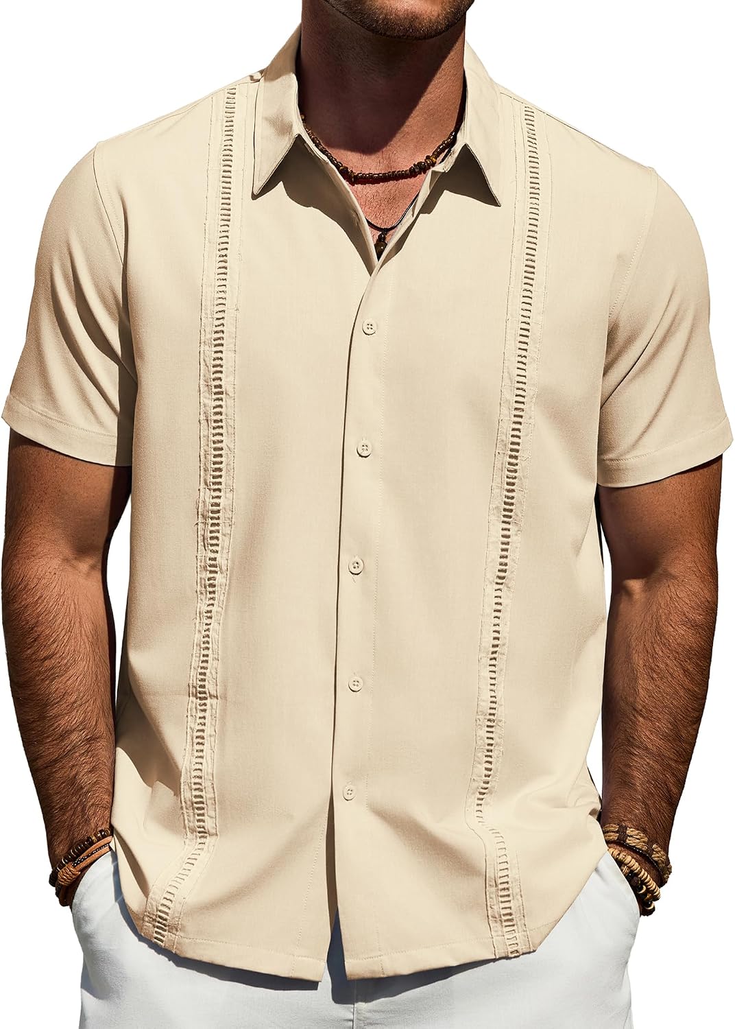 Mens Cuban Guayabera Short Sleeve Button Down Shirt Casual Beach Summer Beige