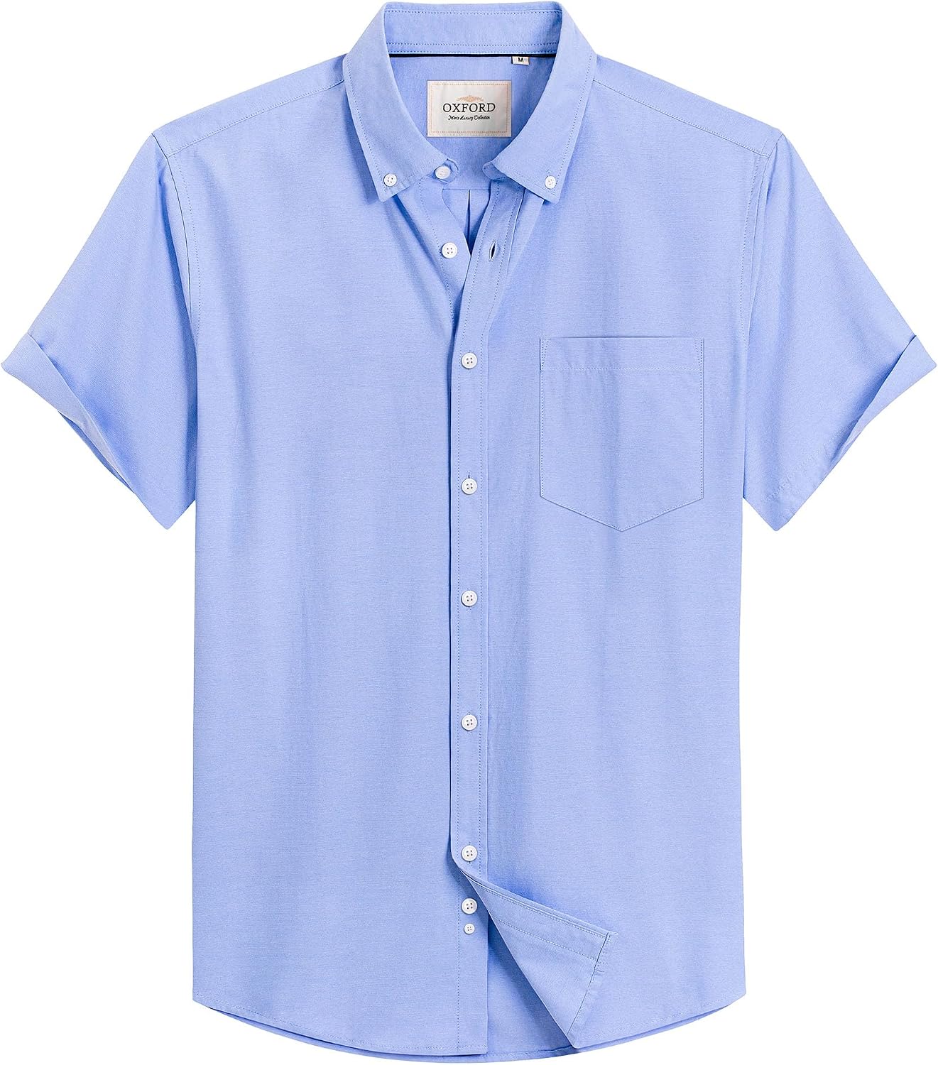 Mens Oxford Dress Shirt Short Sleeve Button Down Collar Summer Casual Shirt Classic Blue