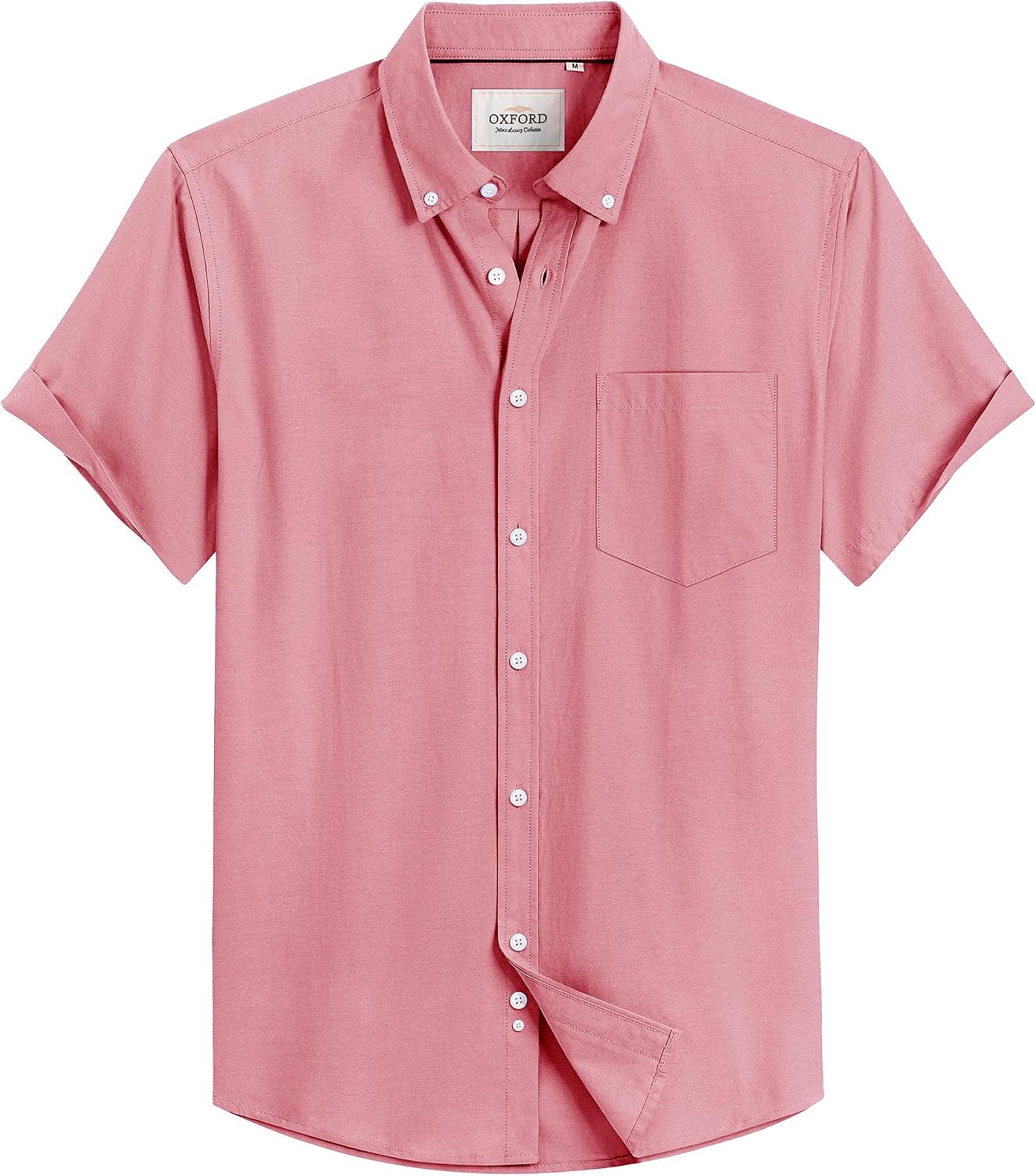 Mens Oxford Dress Shirt Short Sleeve Button Down Collar Summer Casual Shirt Dull Pink