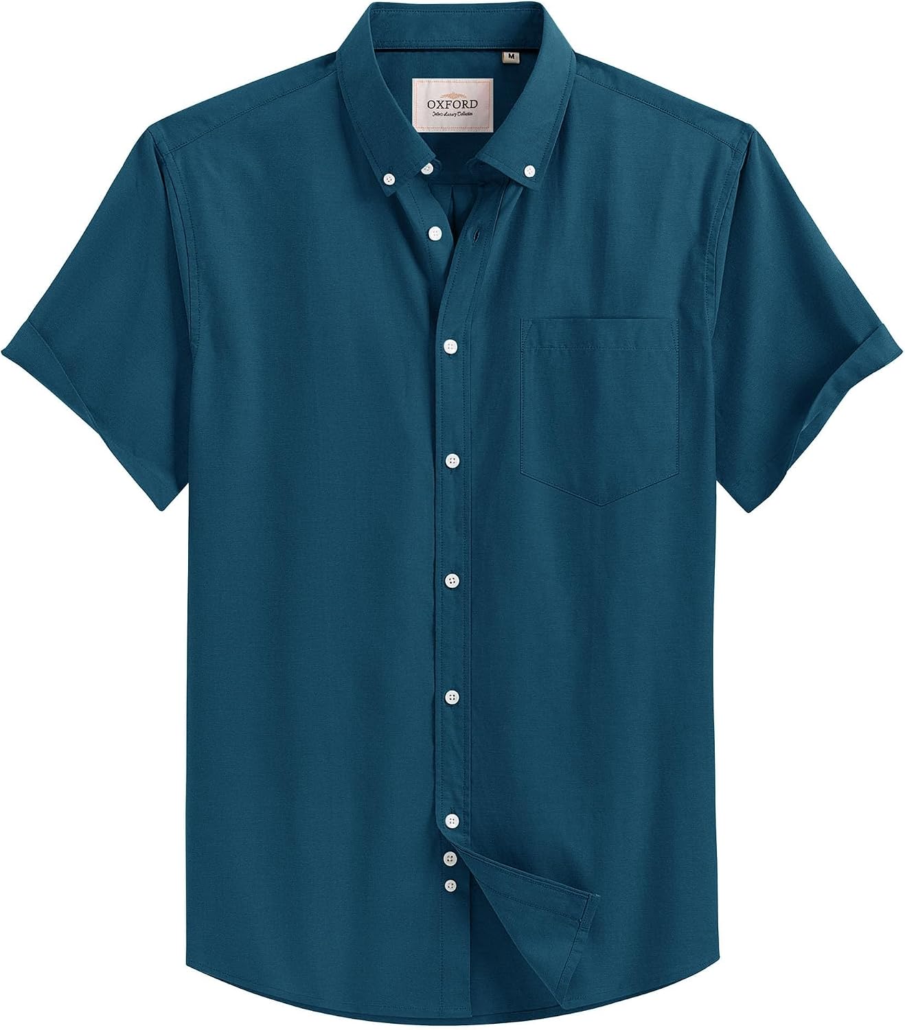 Mens Oxford Dress Shirt Short Sleeve Button Down Collar Summer Casual Shirt Peacock Blue