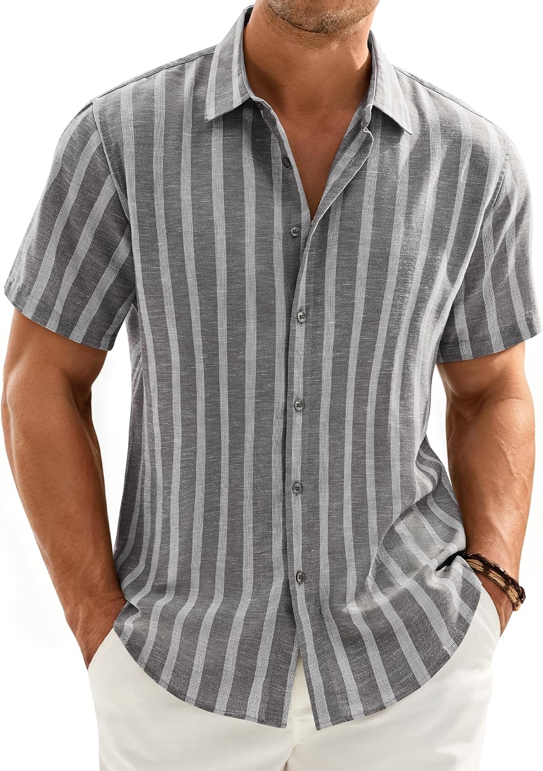 Mens Linen Shirt Striped Short Sleeve Button Down Summer Beach Shirt Grey