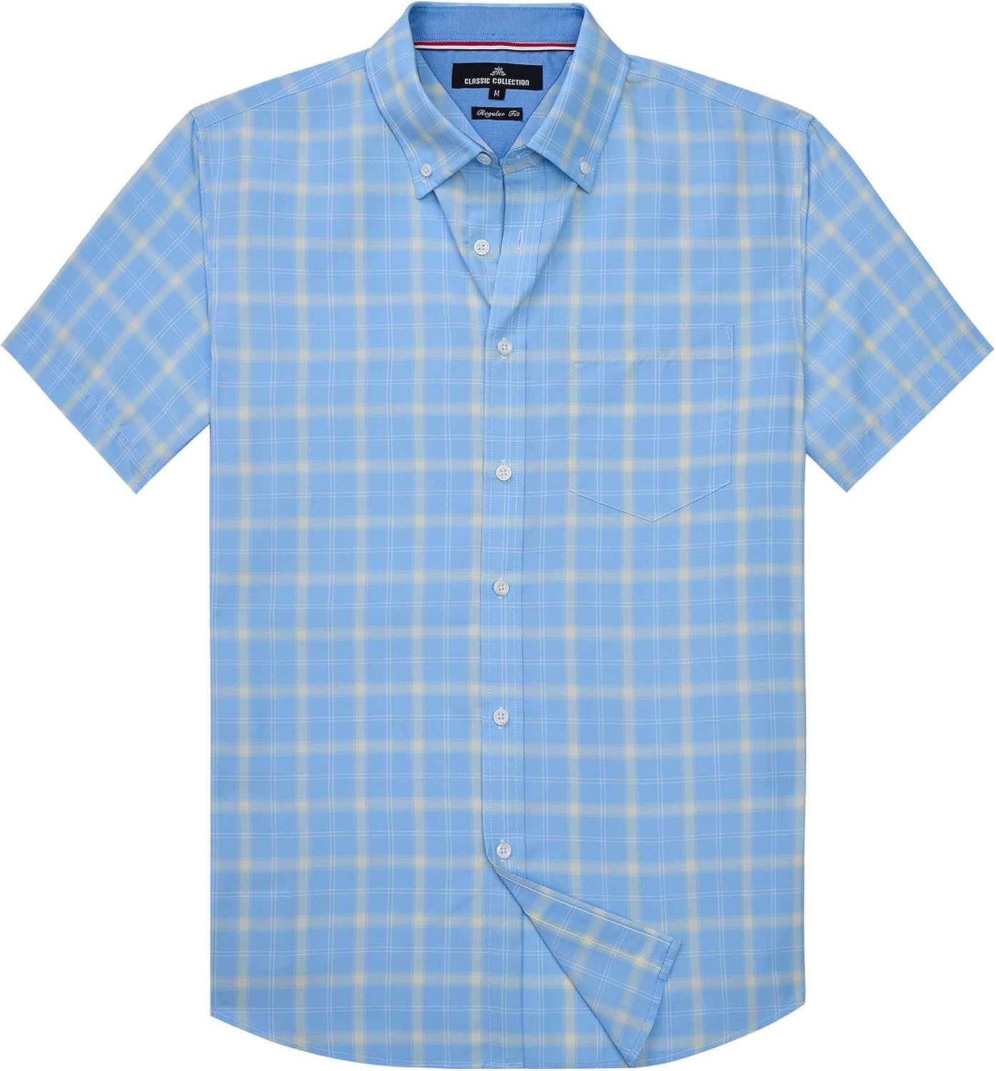 Alimens & Gentle Plaid Mens Short Sleeve Button Down Shirts with Pocket Blue Yellow Plaid