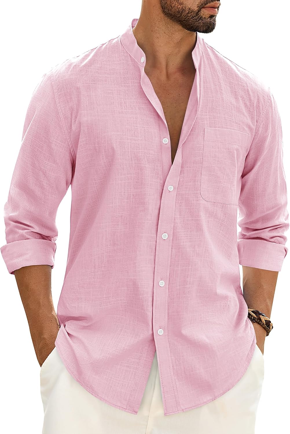 Alimens & Gentle Men's Cotton Linen Shirts Long Sleeve Button Down Shirt Band Collar Beach Shirts Pink