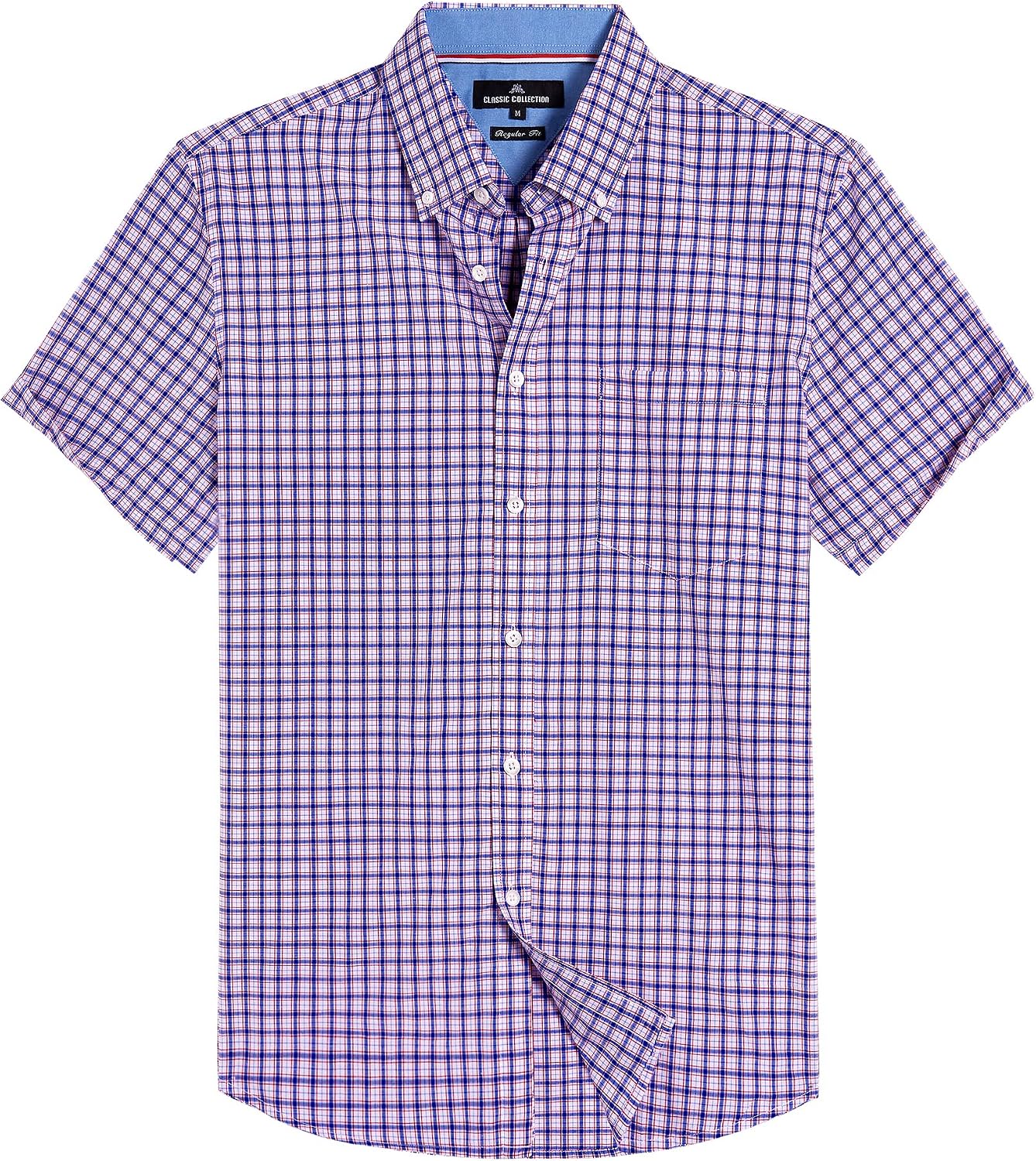 Alimens & Gentle Plaid Mens Short Sleeve Button Down Shirts with Pocket Blue Red Gingham