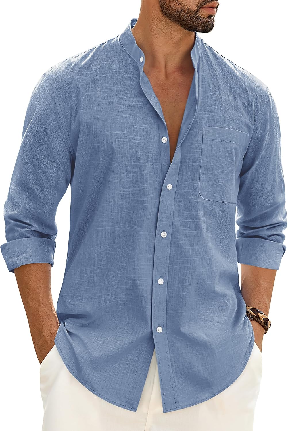 Alimens & Gentle Men's Cotton Linen Shirts Long Sleeve Button Down Shirt Band Collar Beach Shirts Blue Heaven