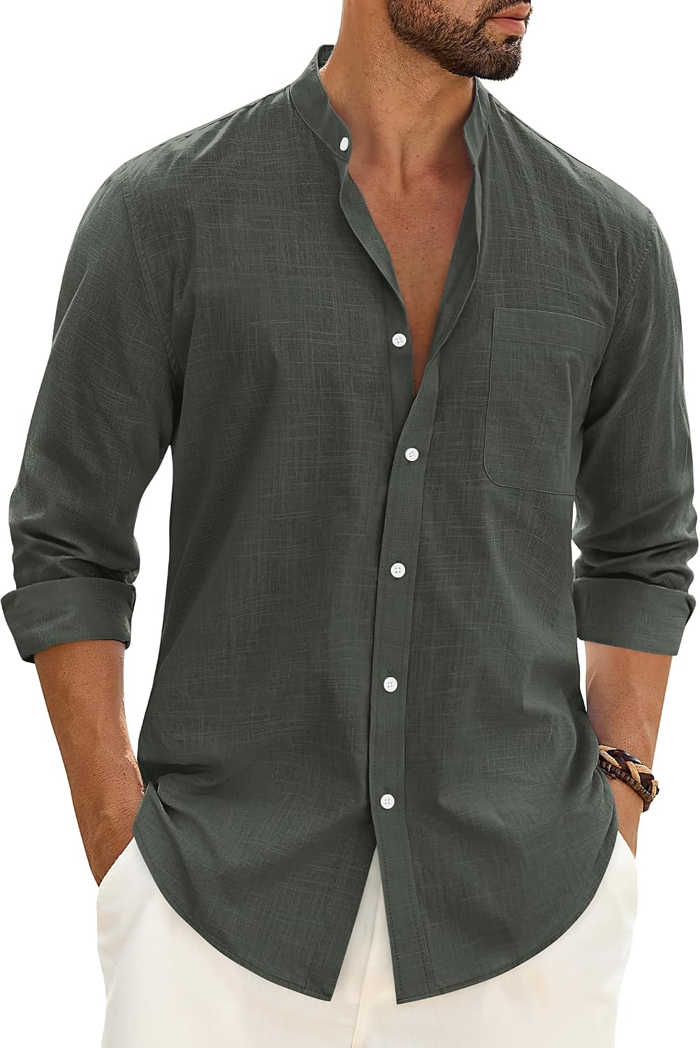 Alimens & Gentle Men's Cotton Linen Shirts Long Sleeve Button Down Shirt Band Collar Beach Shirts Army Green