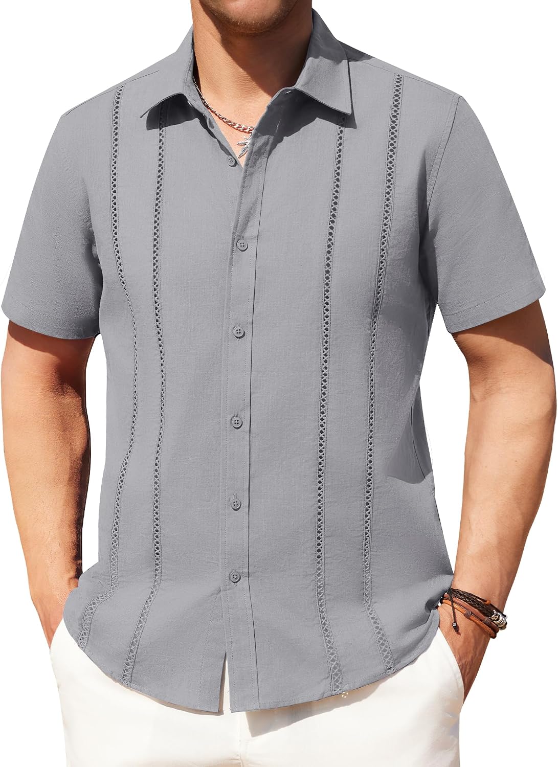 Alimens & Gentle Men's Cuban Guayabera Shirts Cotton Linen Short Sleeve Button Down Shirts Casual Summer Beach Camp Shirt Dark Grey