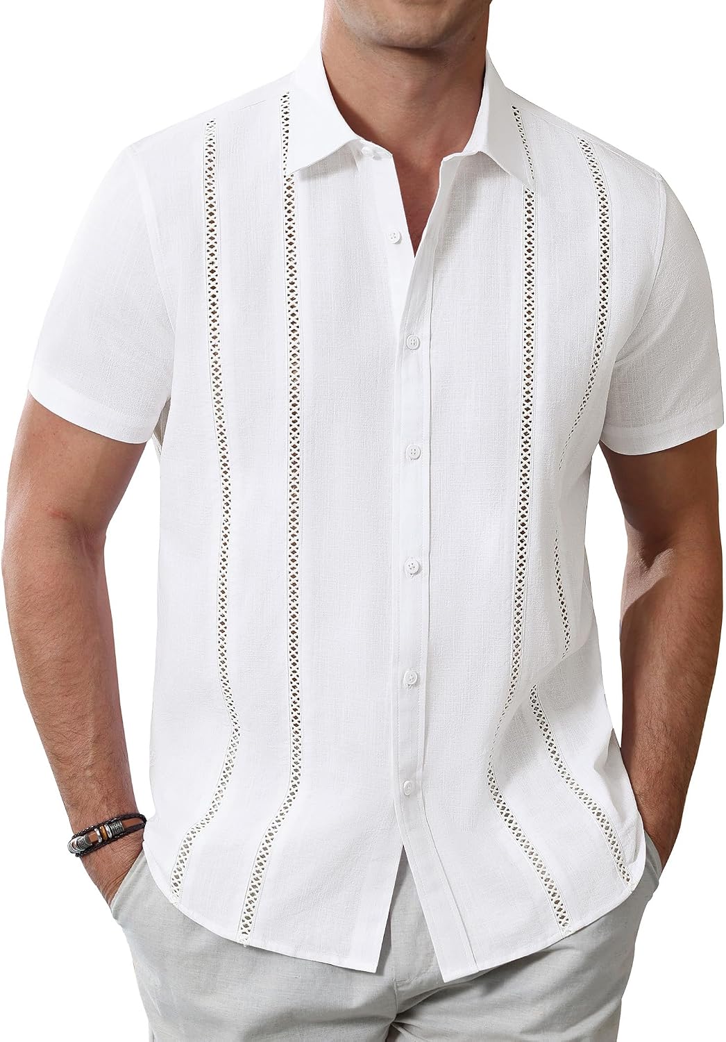 Alimens & Gentle Men's Cuban Guayabera Shirts Cotton Linen Short Sleeve Button Down Shirts Casual Summer Beach Camp Shirt White