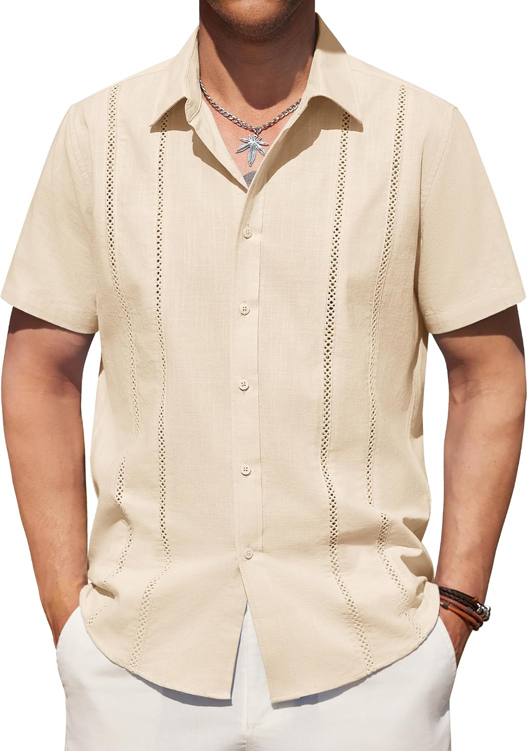 Alimens & Gentle Men's Cuban Guayabera Shirts Cotton Linen Short Sleeve Button Down Shirts Casual Summer Beach Camp Shirt Cloud Cream