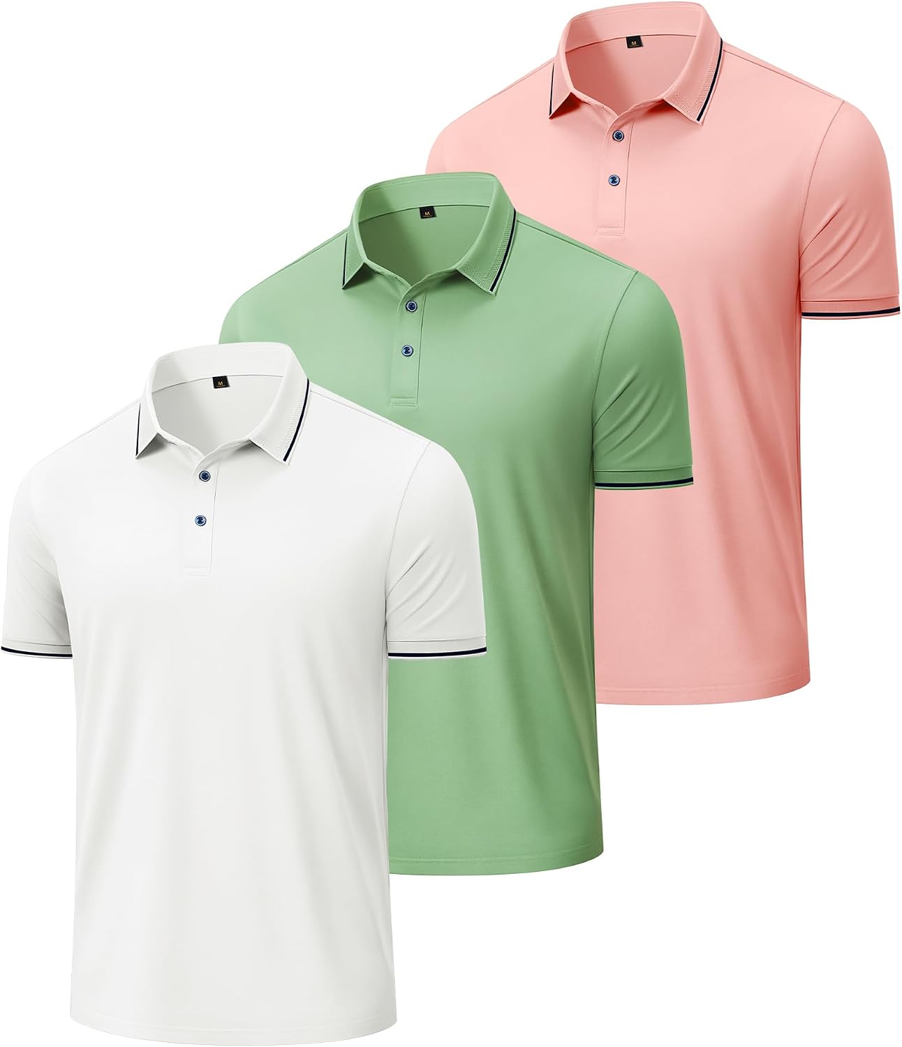 Alimens & Gentle 3 Pack Polo Shirts for Men Dry Fit Performance Short Sleeve Moisture Wicking Business Casual Golf Shirts White Pale Green Pink