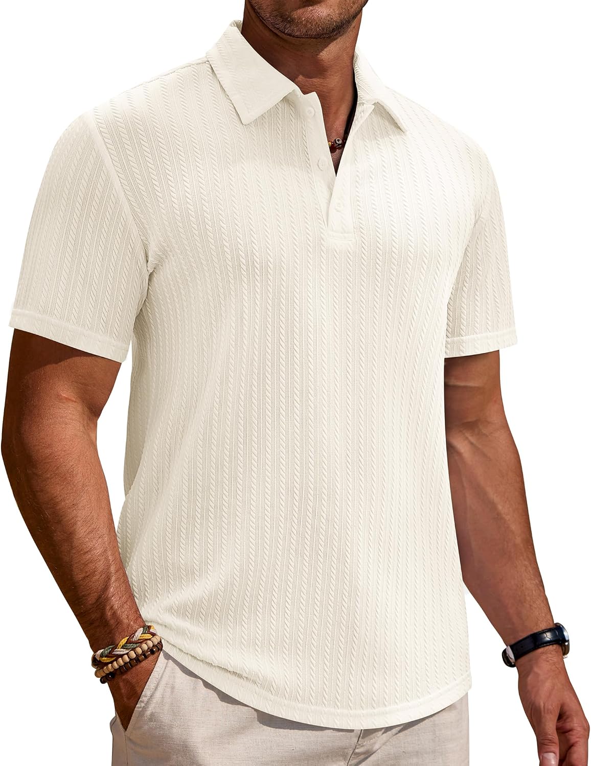 Mens Polo Shirts Short Sleeve Textured Knit Casual Stretchy Golf Shirts Beige
