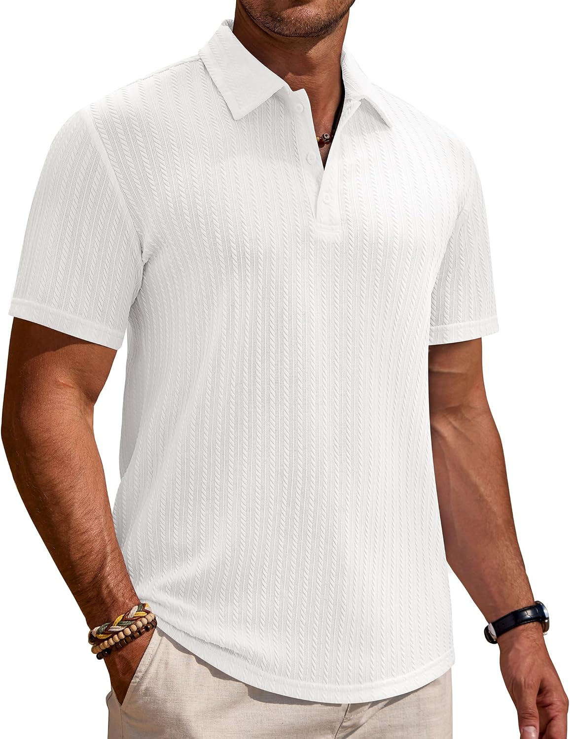 Mens Polo Shirts Short Sleeve Textured Knit Casual Stretchy Golf Shirts White