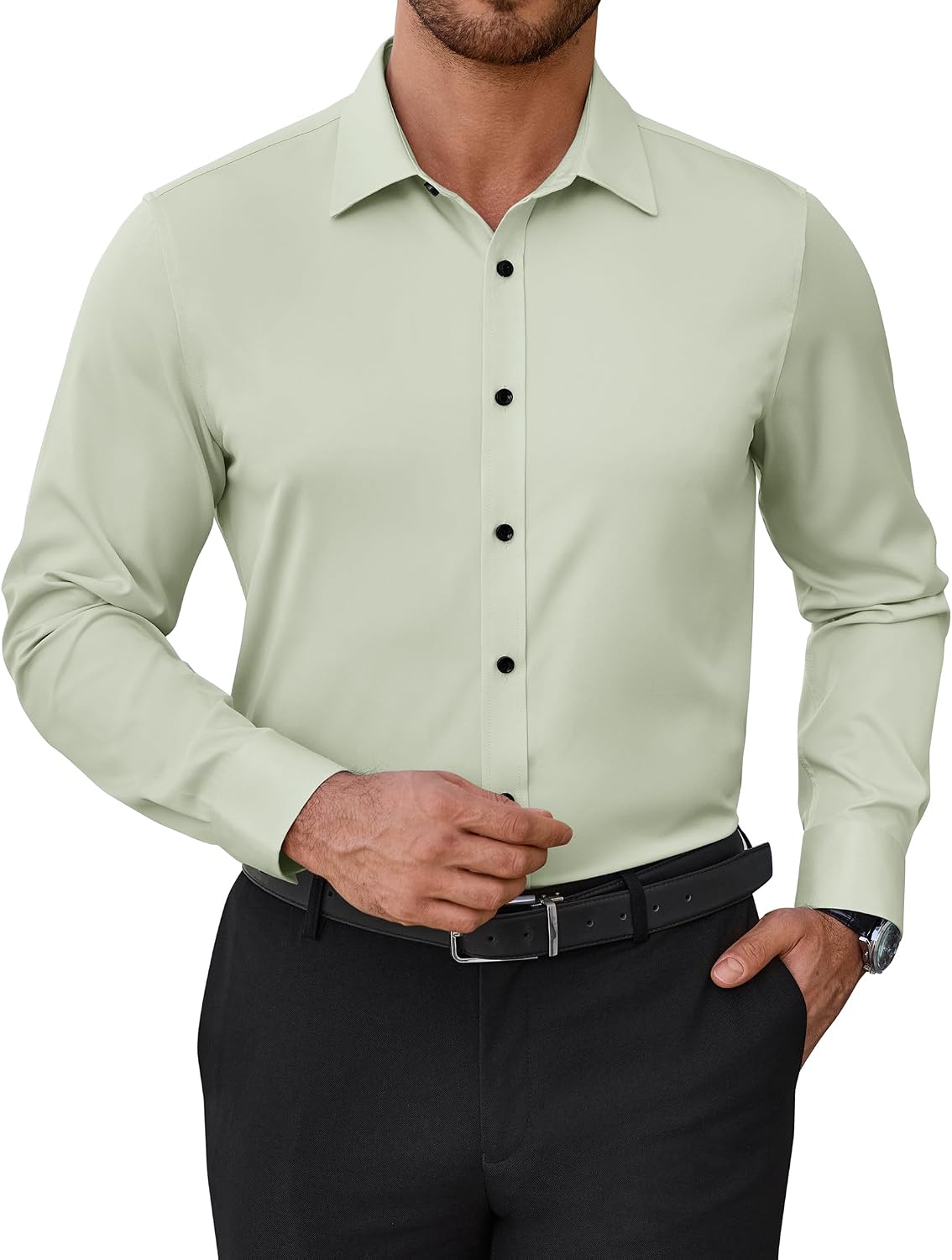 Mens Dress Shirts Odor Resistant Long Sleeve Button Down Shirt, Stretchy Sage Green