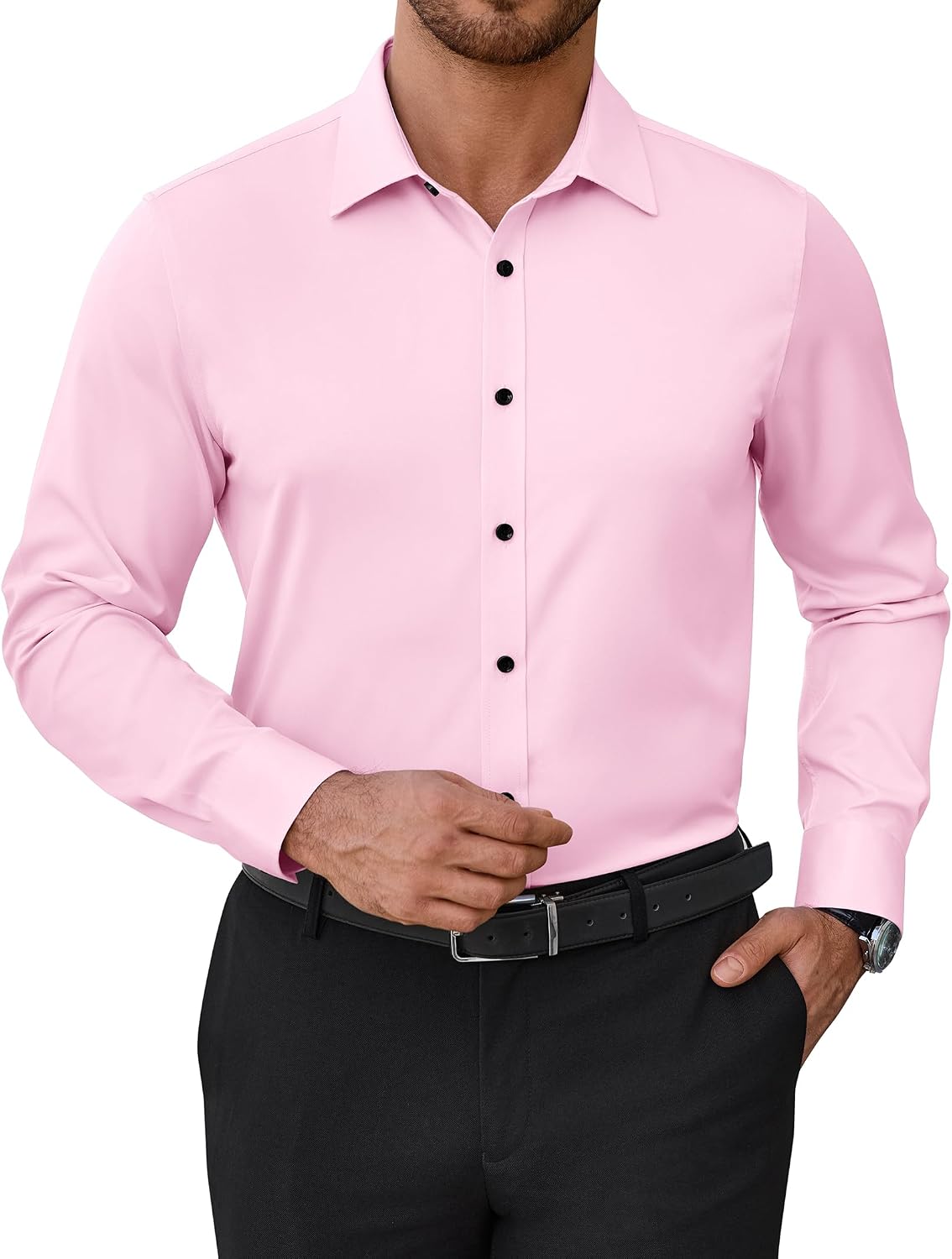 Mens Dress Shirts Odor Resistant Long Sleeve Button Down Shirt, Stretchy Light Pink
