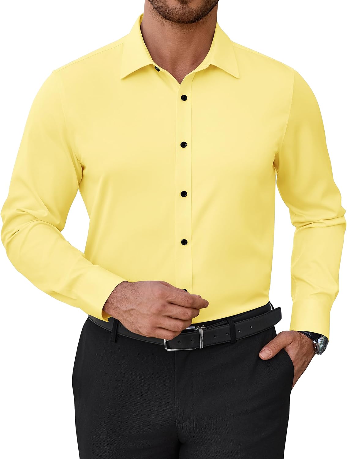 Mens Dress Shirts Odor Resistant Long Sleeve Button Down Shirt, Stretchy Yellow