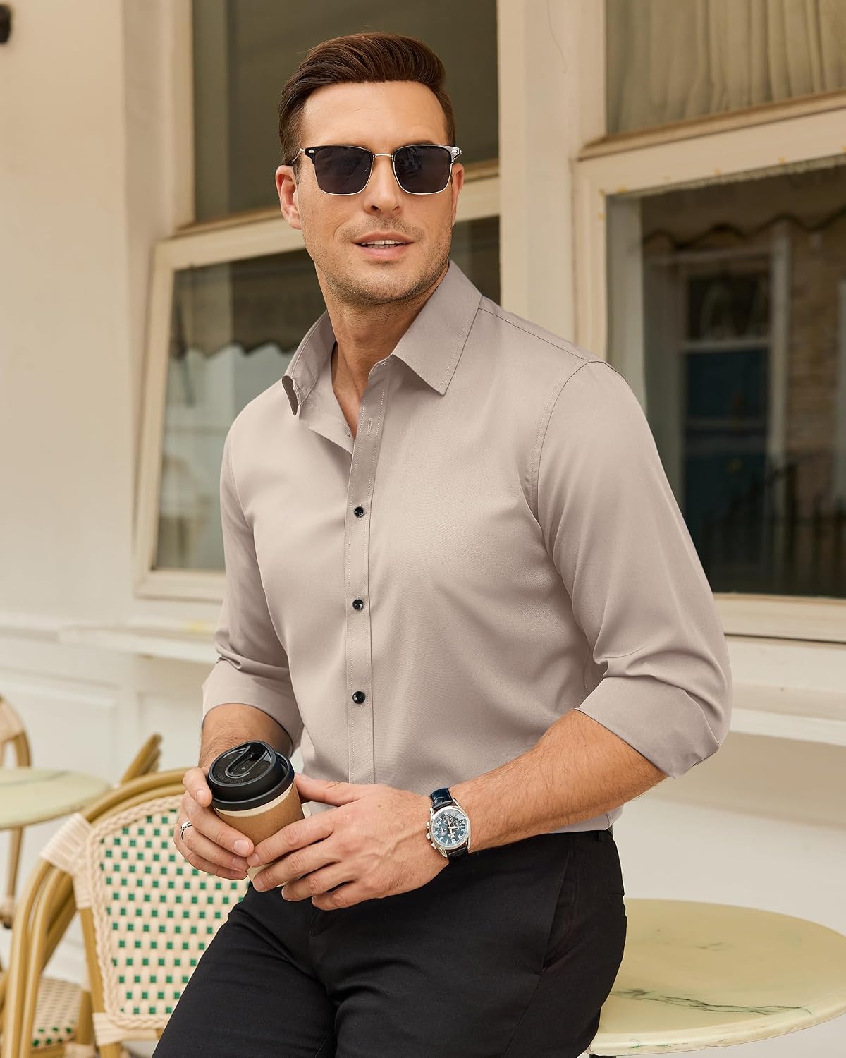 Mens Dress Shirts Odor Resistant Long Sleeve Button Down Shirt, Stretchy