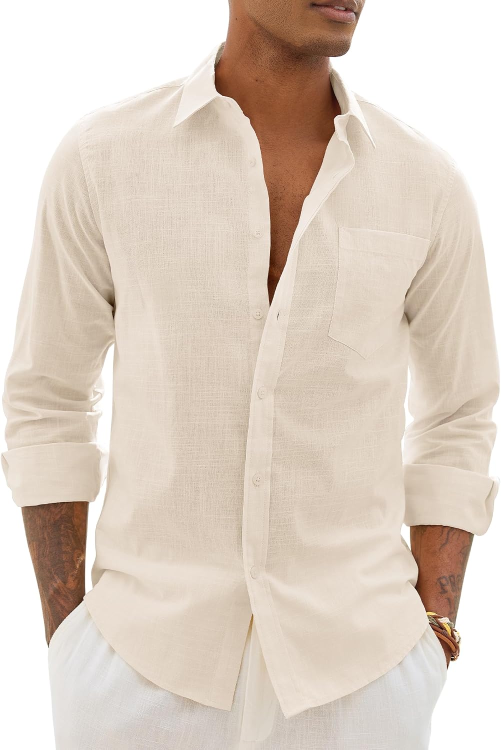 Alimens & Gentle Mens Linen Textured Shirt Long Sleeve Summer Beach Tops Beige