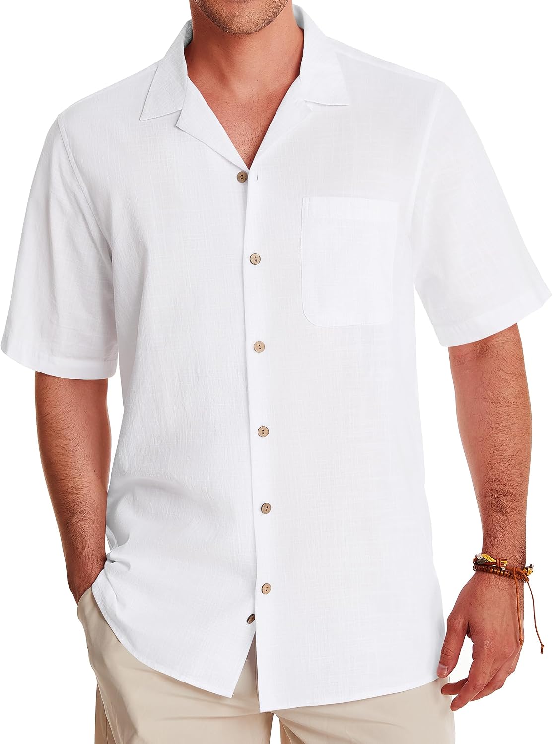 Alimens & Gentle Mens Linen Shirts Cotton Hawaiian Shirts Short Sleeve Button Down Shirts Casual Summer Beach Tops White