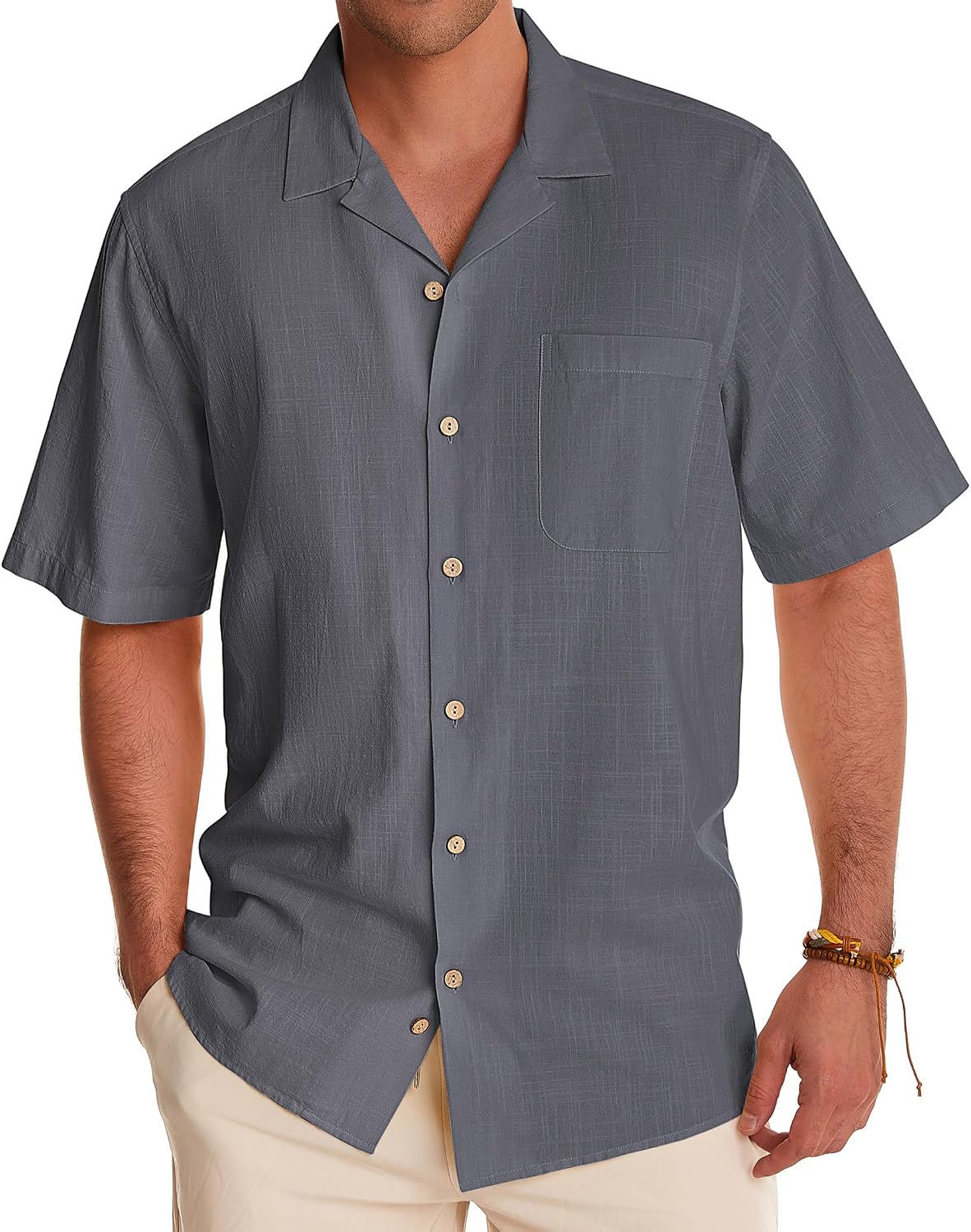 Alimens & Gentle Mens Linen Shirts Cotton Hawaiian Shirts Short Sleeve Button Down Shirts Casual Summer Beach Tops Graphite Grey