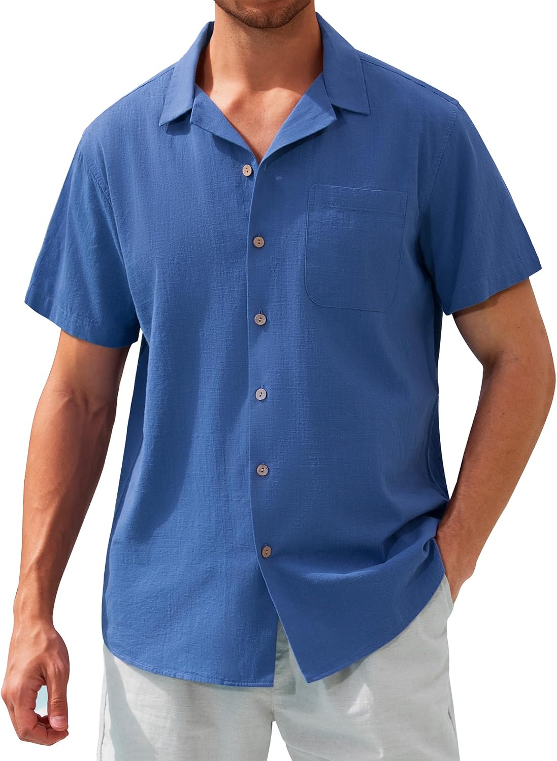 Alimens & Gentle Mens Linen Shirts Cotton Hawaiian Shirts Short Sleeve Button Down Shirts Casual Summer Beach Tops Royal Blue