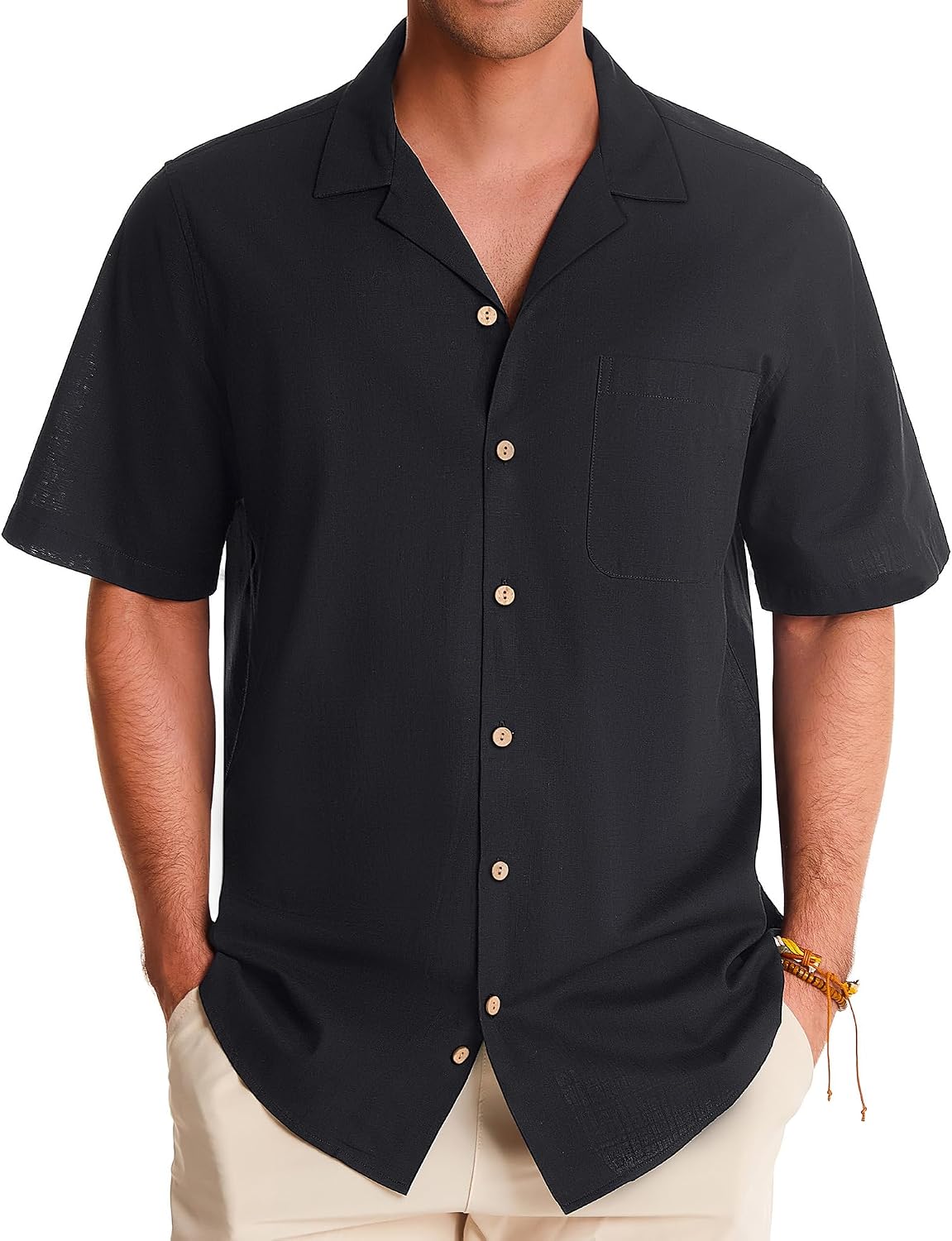 Alimens & Gentle Mens Linen Shirts Cotton Hawaiian Shirts Short Sleeve Button Down Shirts Casual Summer Beach Tops Black