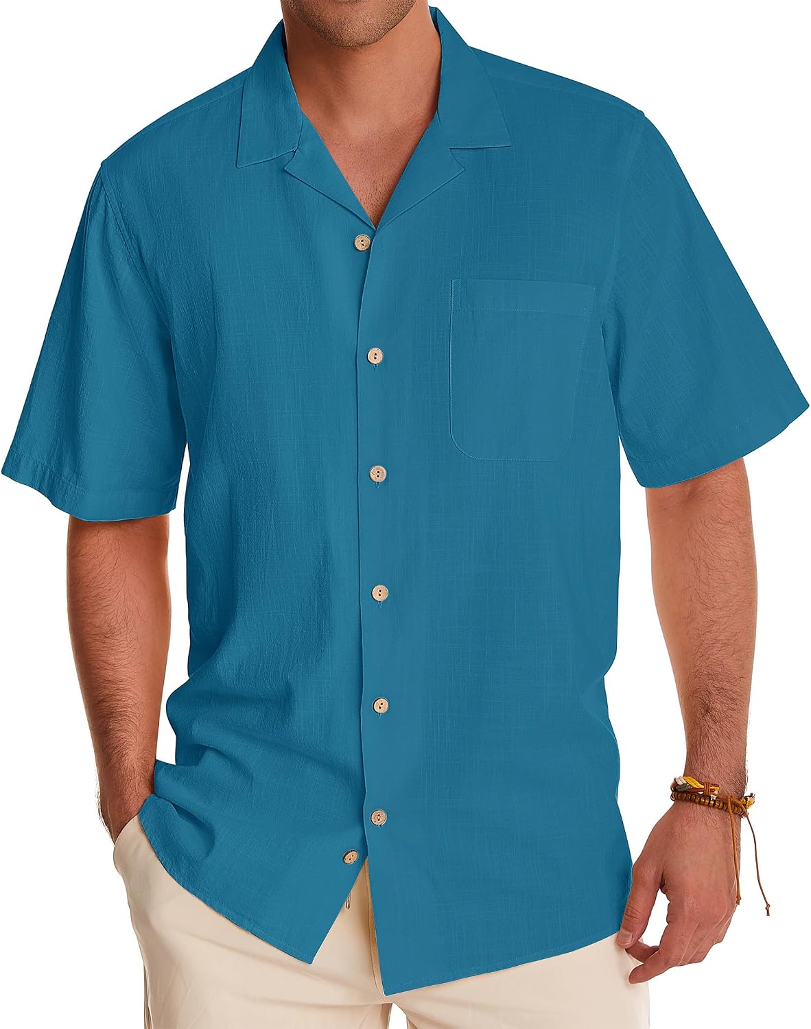 Alimens & Gentle Mens Linen Shirts Cotton Hawaiian Shirts Short Sleeve Button Down Shirts Casual Summer Beach Tops Horizon Blue