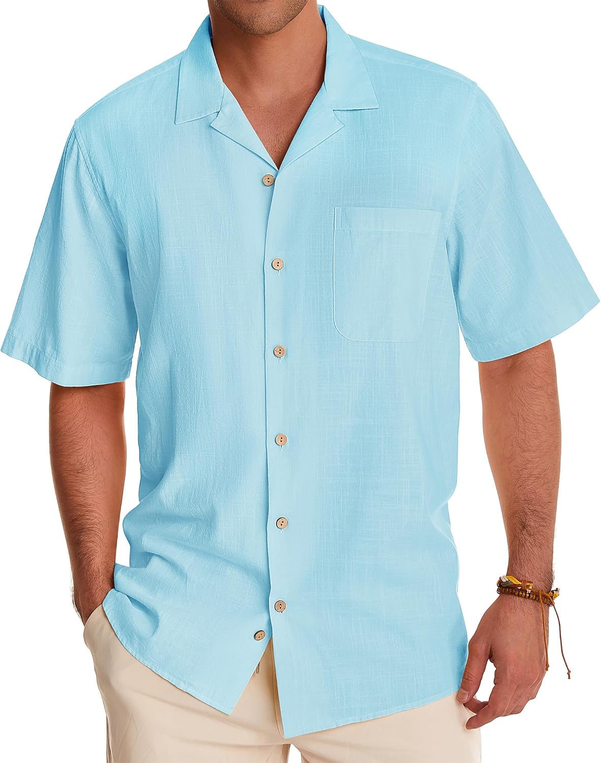 Alimens & Gentle Mens Linen Shirts Cotton Hawaiian Shirts Short Sleeve Button Down Shirts Casual Summer Beach Tops Island Blue