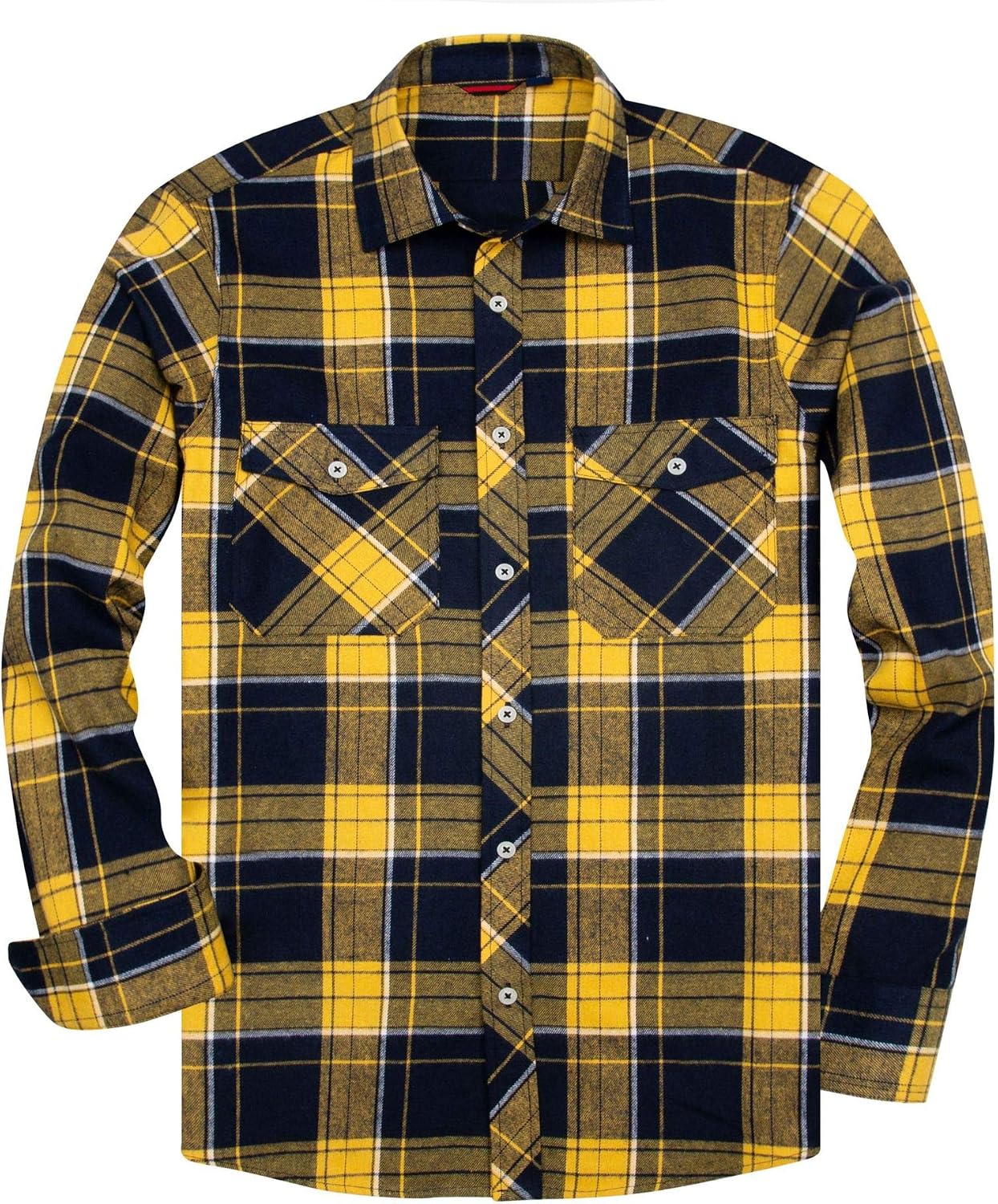 Alimens & Gentle Men's Button Down Regular Fit Long Sleeve Plaid Flannel Casual Shirts Yellow Navy Plaid