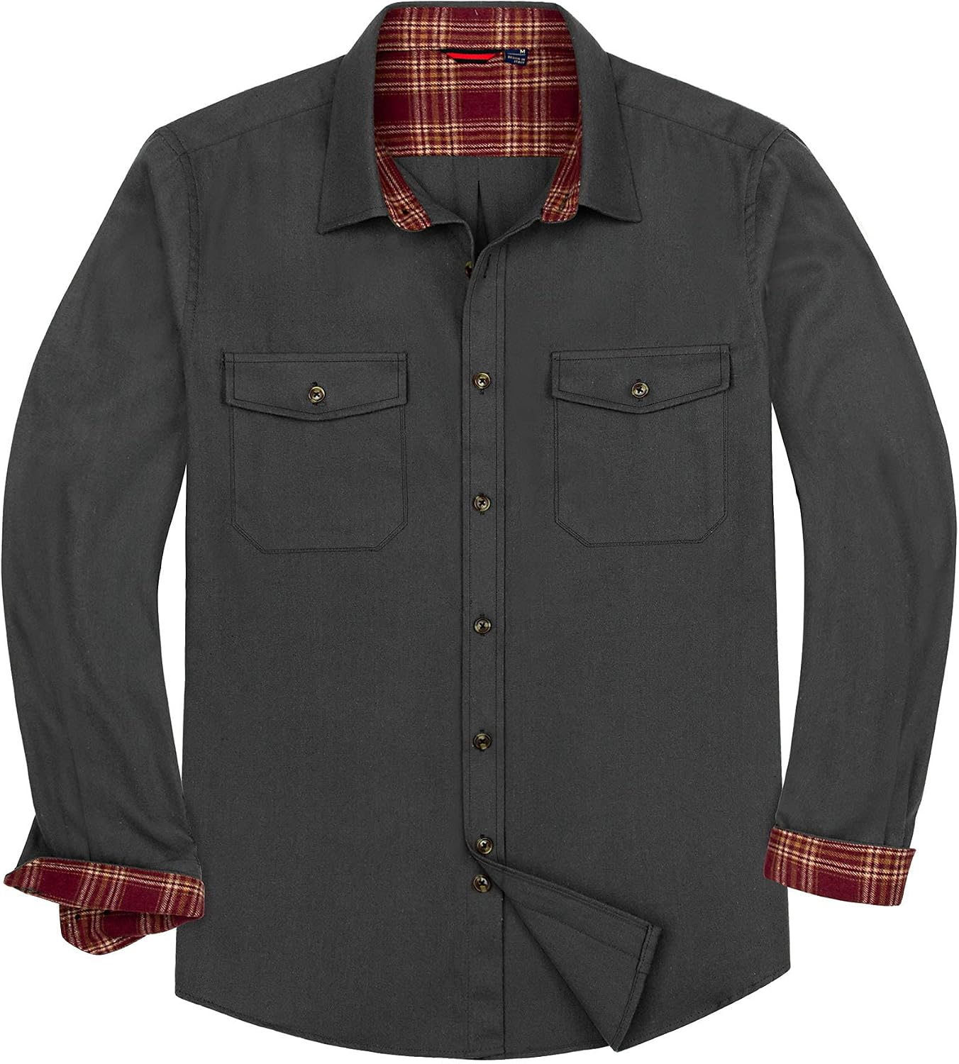 Alimens & Gentle Men's Solid Flannel Shirts 100% Cotton Long Sleeve Shirt Dark Grey