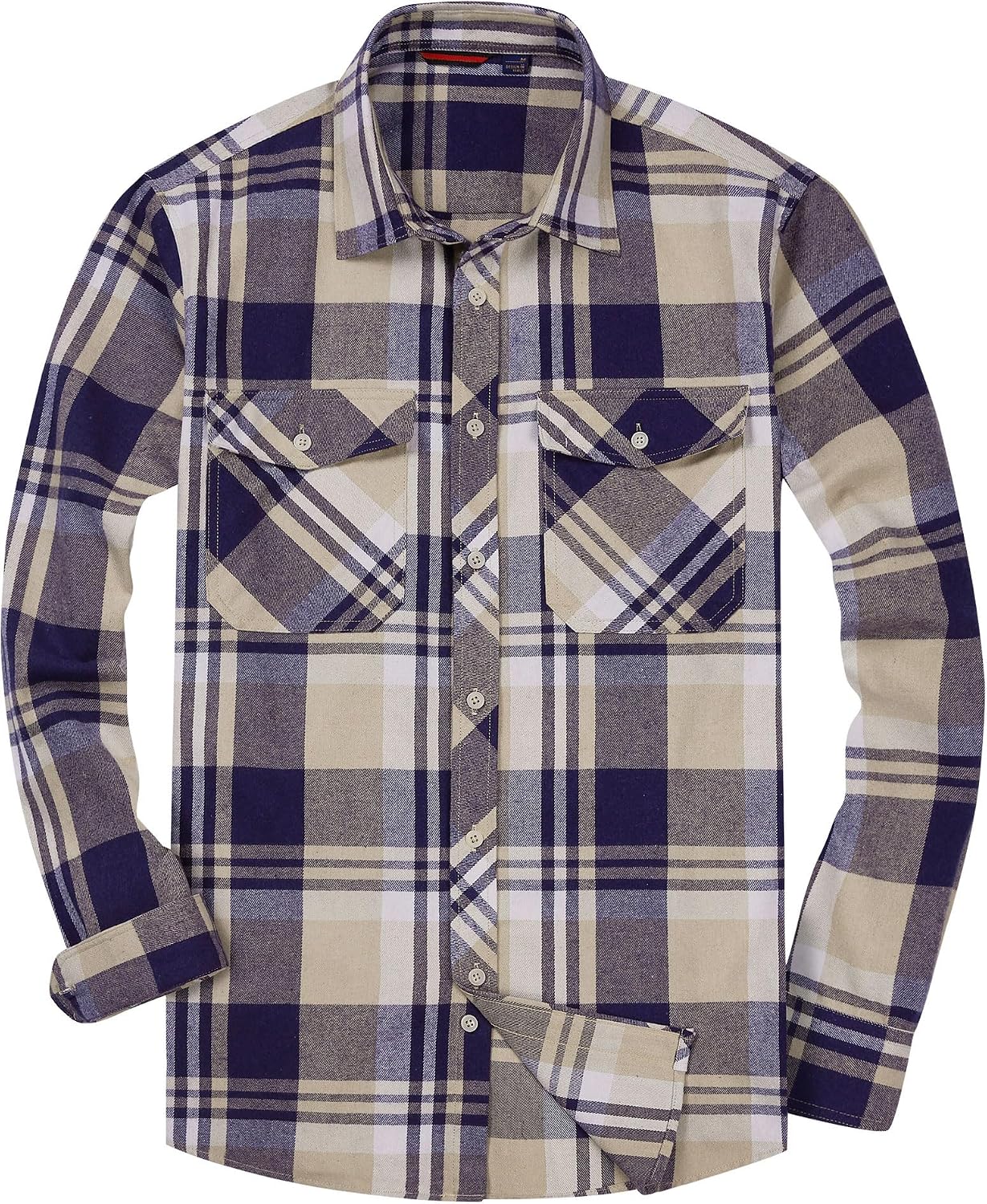 Alimens & Gentle Men's Button Down Regular Fit Long Sleeve Plaid Flannel Casual Shirts Navy Beige