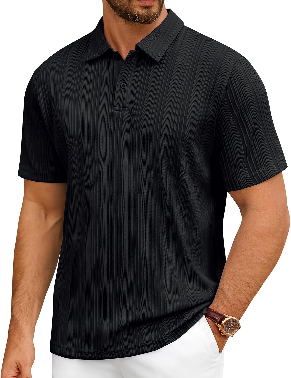 Mens Polo Shirts Short Sleeve Knit Stretch Lightweight Casual Summer Shirt Black