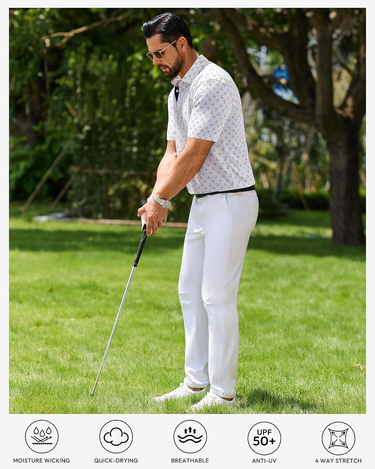 Mens Polo Shirts Dry Fit Breathable Printed Golf Shirt Summer White Golf
