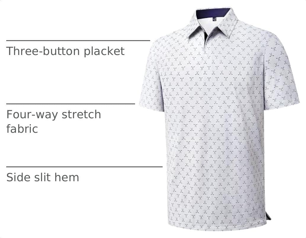 Mens Polo Shirts Dry Fit Breathable Printed Golf Shirt Summer White Golf