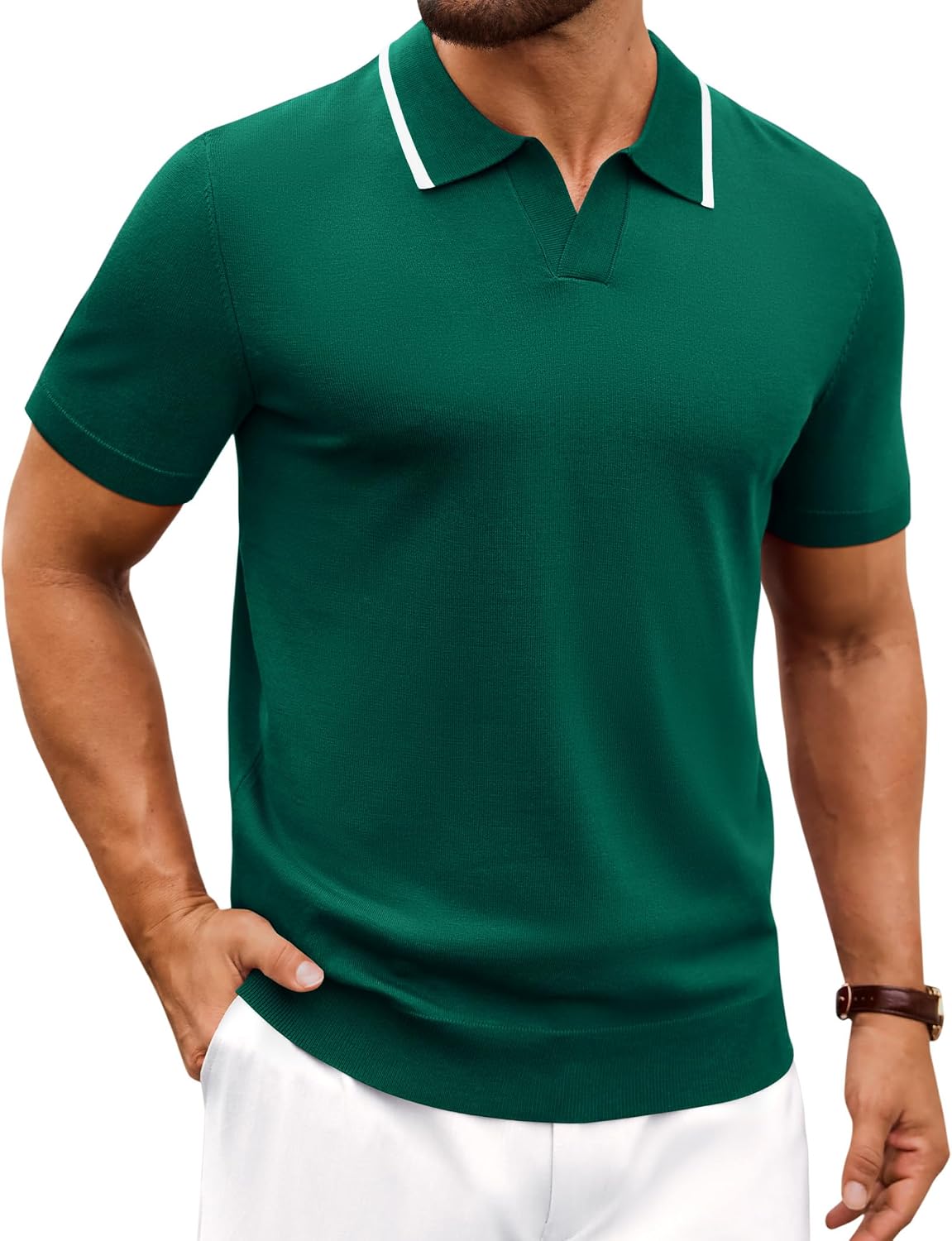 Alimens & Gentle Mens Knitted Polo Shirts V Neck Collared Shirts for Golf Green