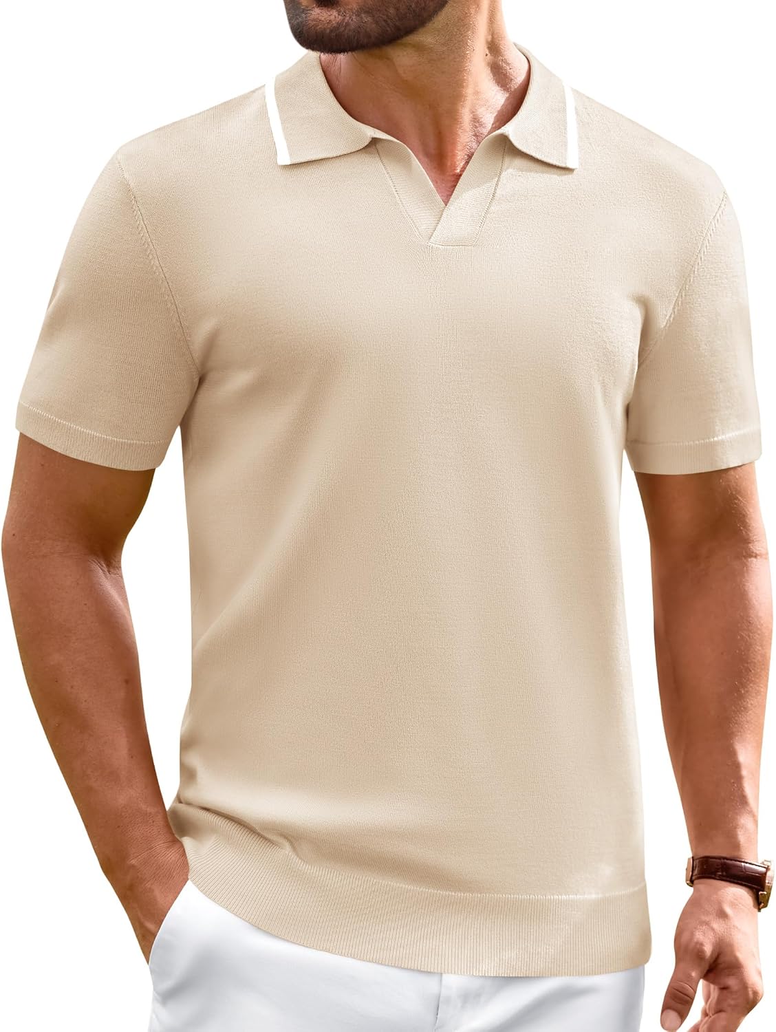 Alimens & Gentle Mens Knitted Polo Shirts V Neck Collared Shirts for Golf Khaki
