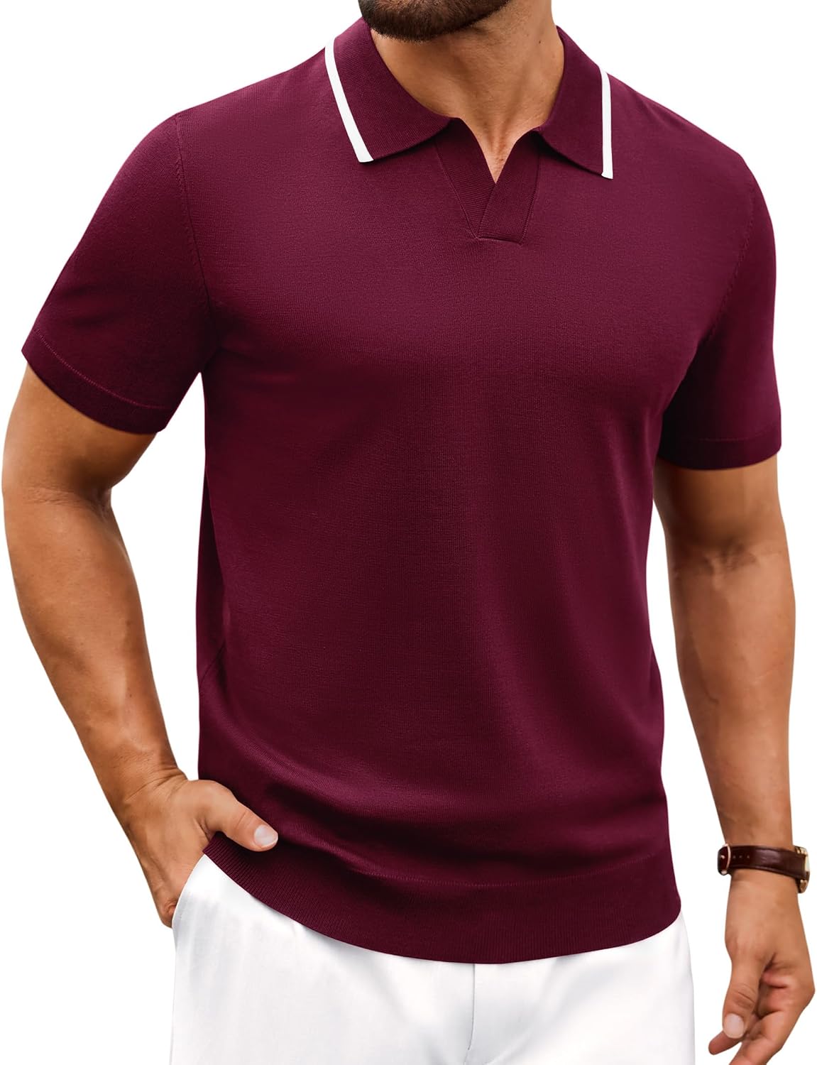 Alimens & Gentle Mens Knitted Polo Shirts V Neck Collared Shirts for Golf Wine Red