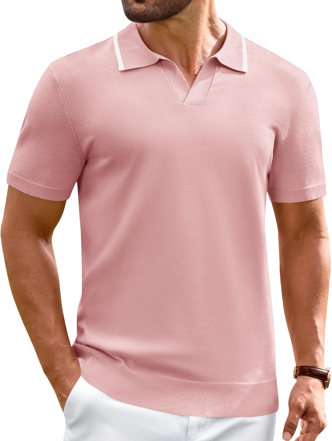 Alimens & Gentle Mens Knitted Polo Shirts V Neck Collared Shirts for Golf Pink