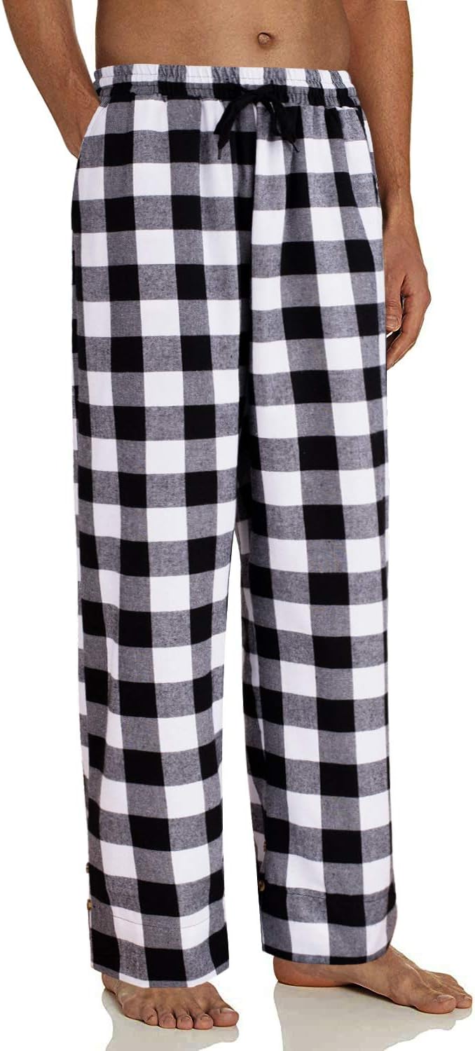 Mens Flannel Pajama Pants Plaid Heavyweight Cotton PJs Bottoms Sleepwear White Black
