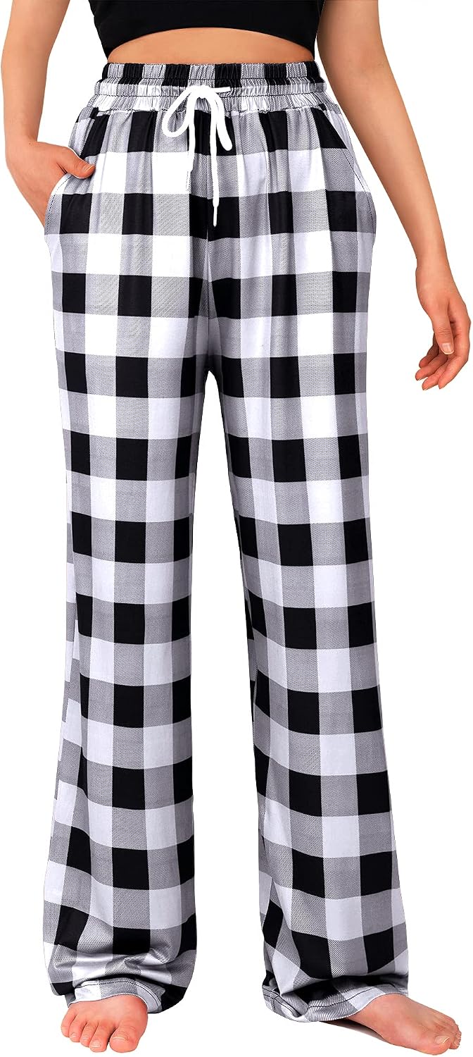 Womens Pajama Pants Plaid Stretch Comfy Lounge Pants Sleep Bottoms Y2K PJ Black&white