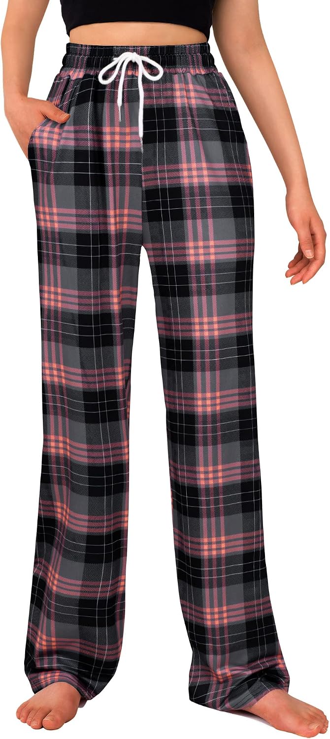 Womens Pajama Pants Plaid Stretch Comfy Lounge Pants Sleep Bottoms Y2K PJ Grey&pink