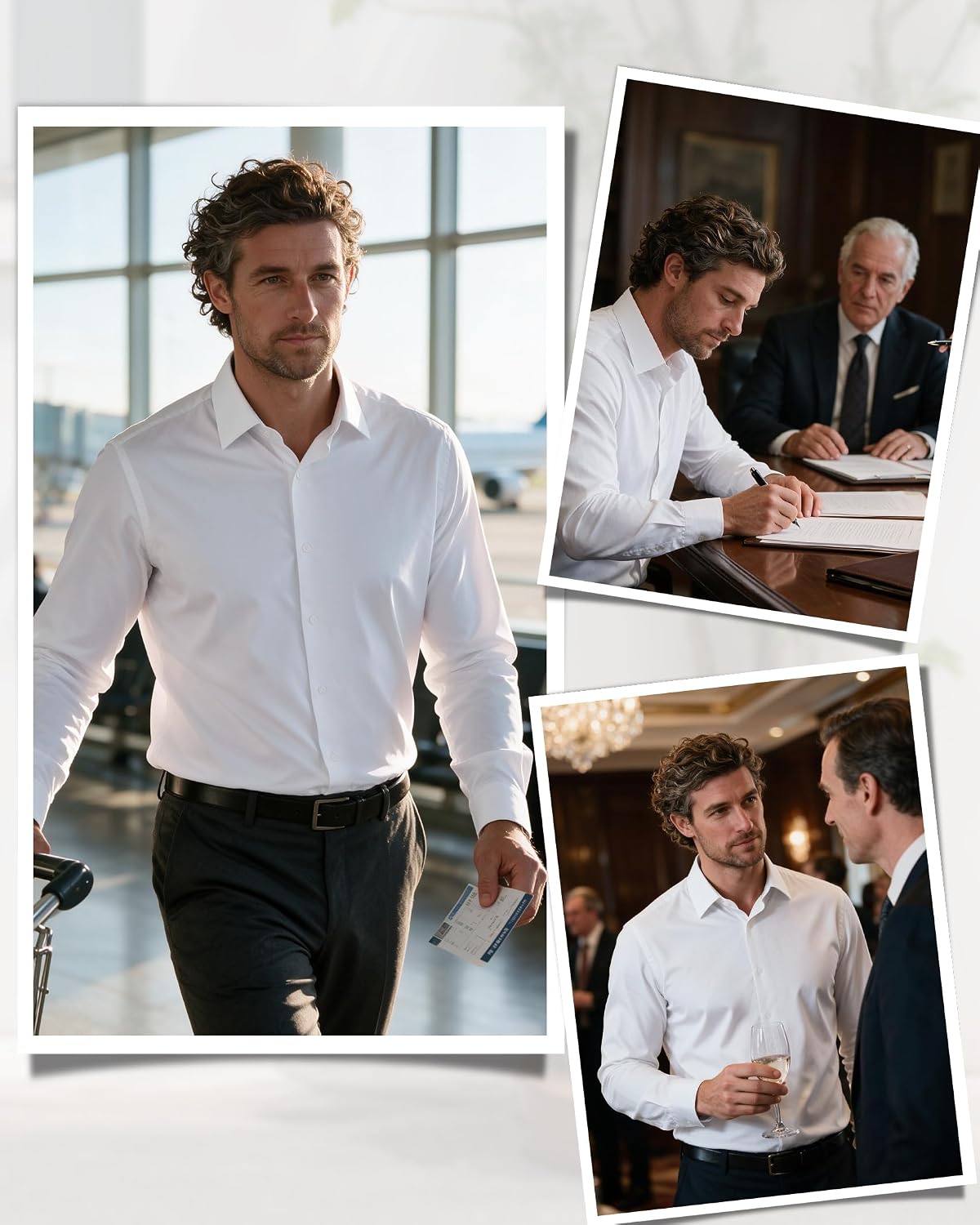 Men's Cotton Dress Shirt Long Sleeve Wrinkle Free Button Down Shirts White