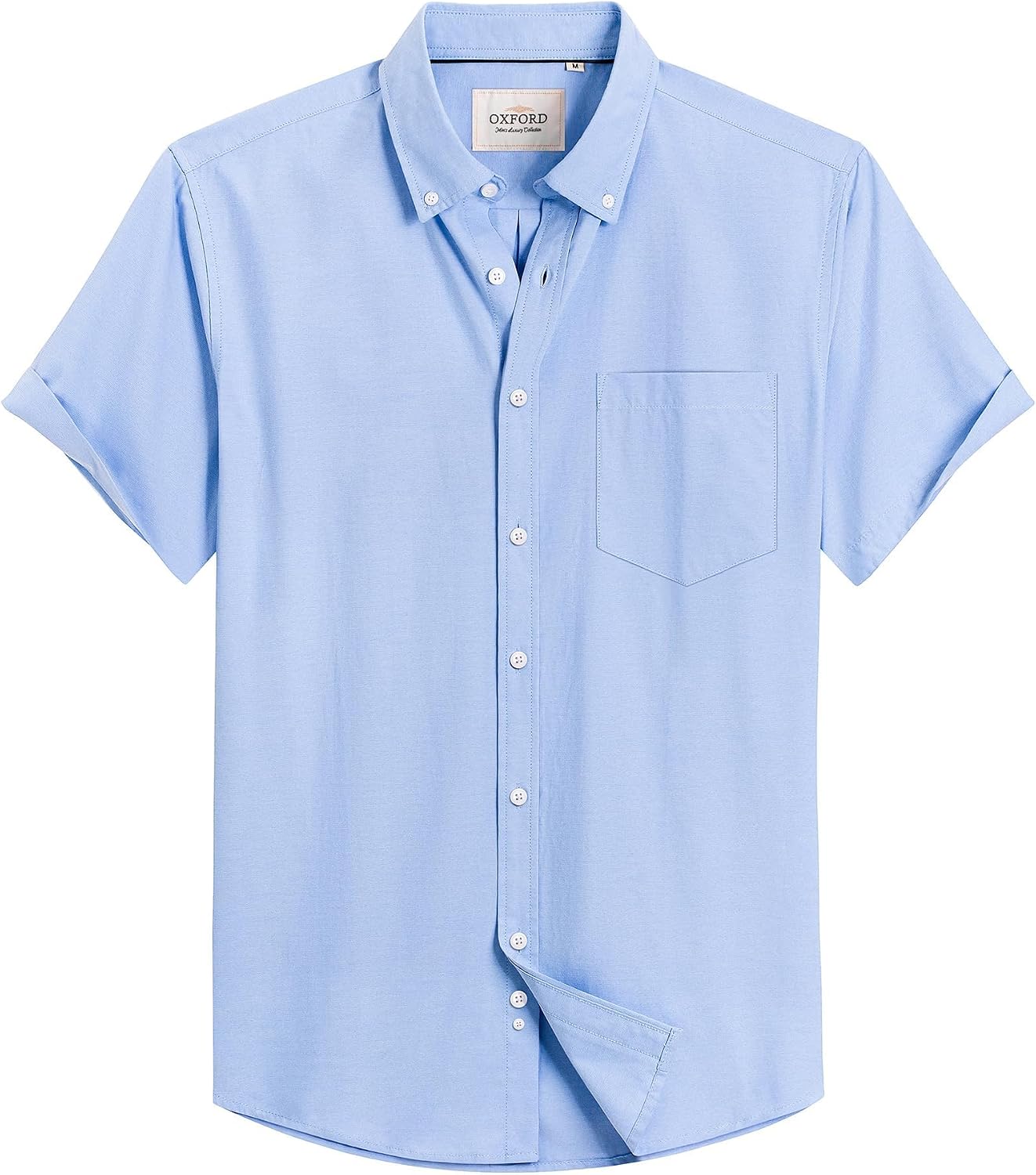 Mens Oxford Dress Shirt Short Sleeve Button Down Collar Summer Casual Shirt Light Blue