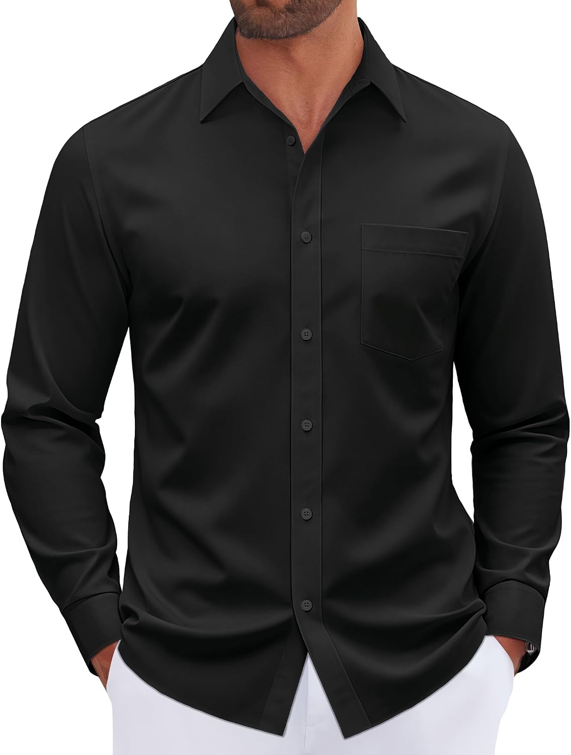 Mens Dress Shirt Long Sleeve Wrinkle Free Stretch Button Down Shirt Black