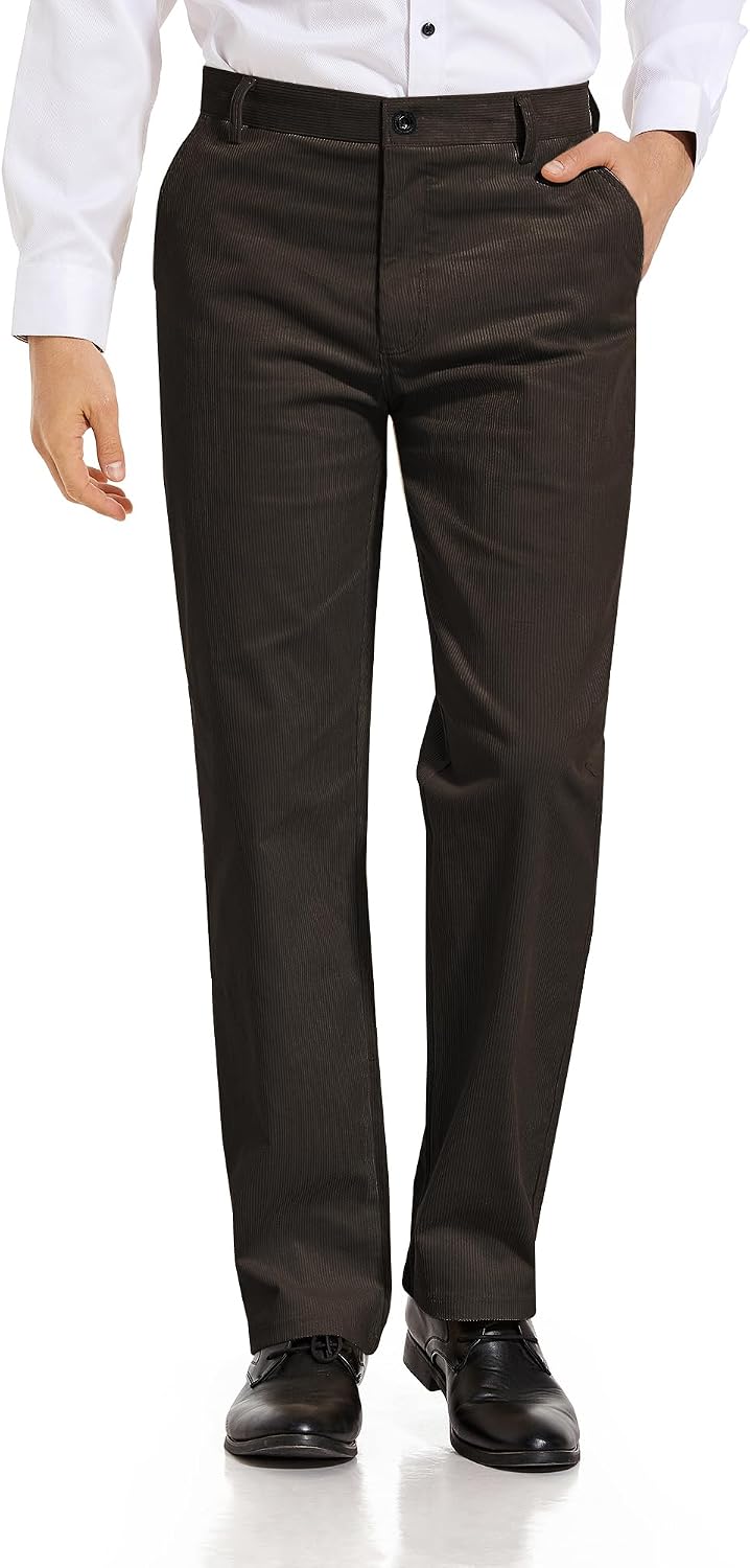 Alimens & Gentle Men's Corduroy Pant Straight Fit Flat-Front Casual Chino Pants Coffee
