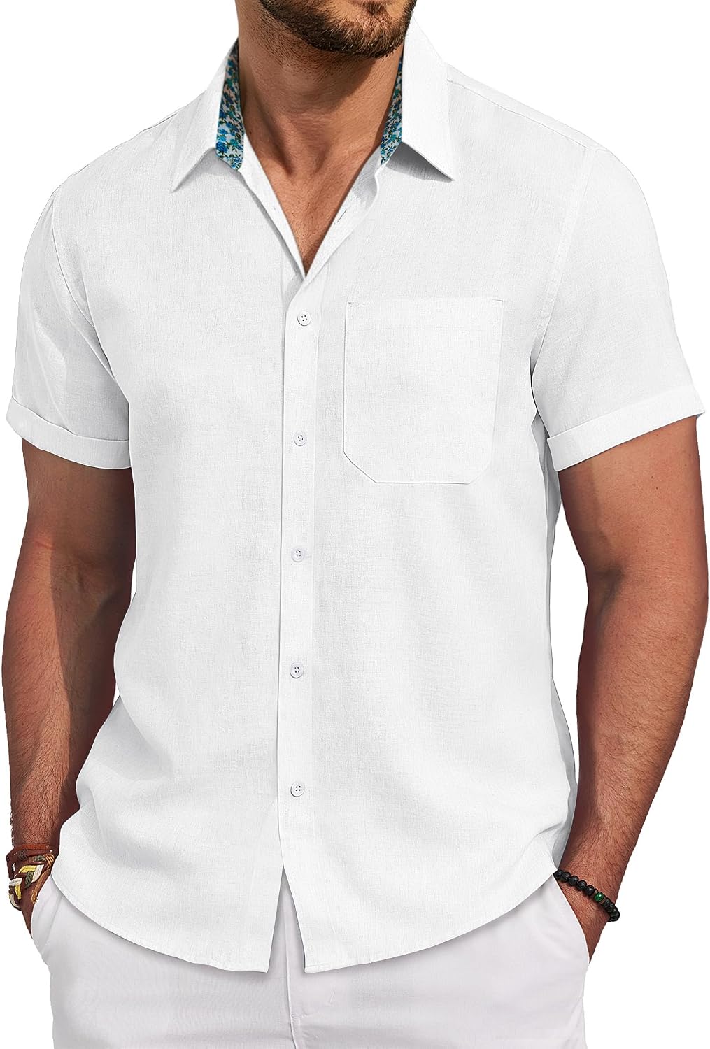 Mens Linen Shirt Short Sleeve Button Down Shirt Casual Beach Wedding Shirts White
