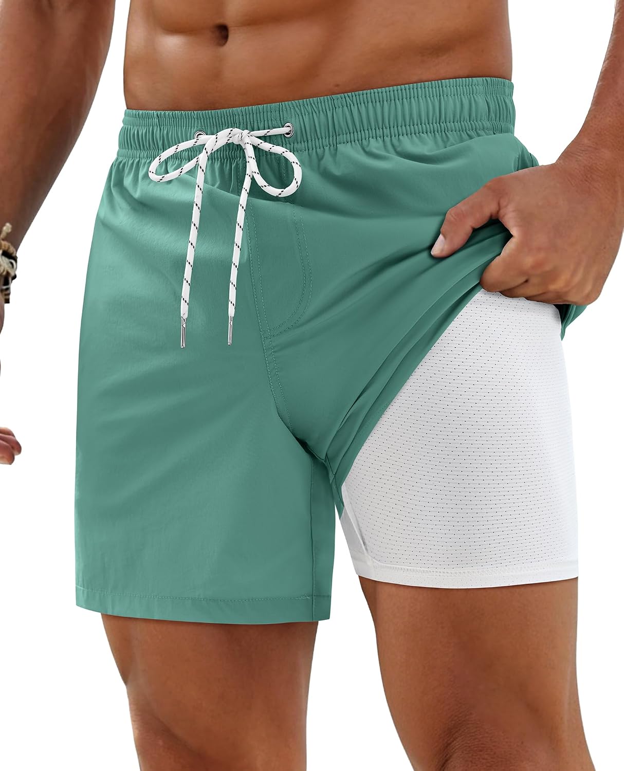 Mens Quick Dry 5 Inch Swim Trunks with Zipper Pockets Stretch Swimsuit Grey Green