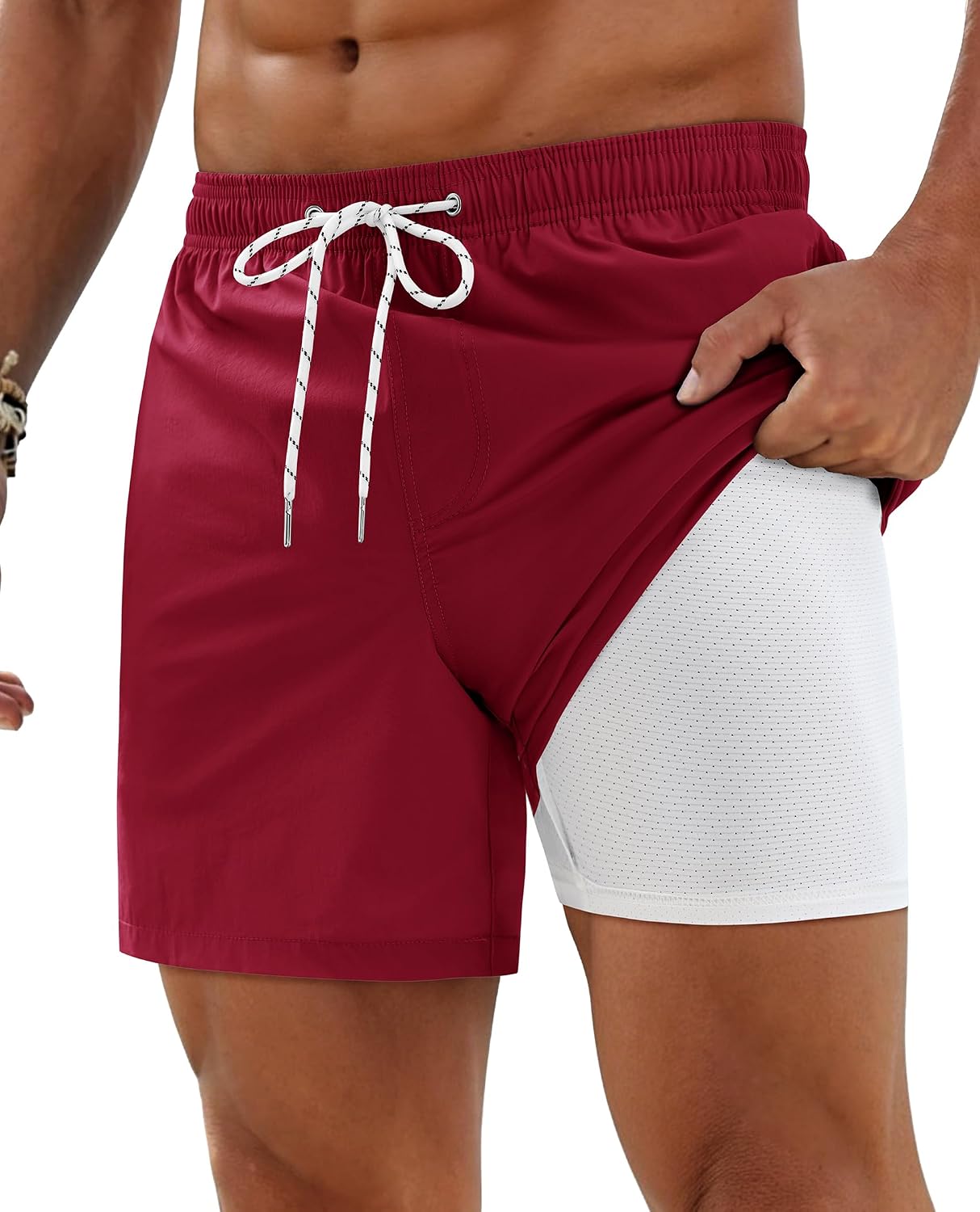 Alimens & Gentle Mens Wine Swim Trunks with Compression Liner Quick Dry