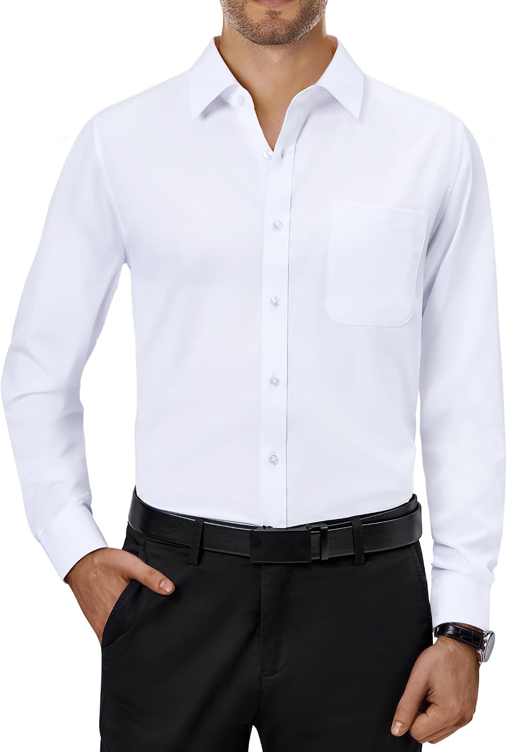 Alimens & Gentle Mens Dress Shirts Long Sleeve Stretch Button Down Shirt White