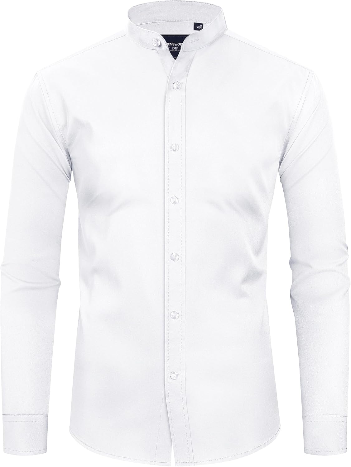 Alimens & Gentle Men's Banded Collar Dress Shirts Wrinkle Free Long Sleeve Mandarin Collar Button Down Shirt White